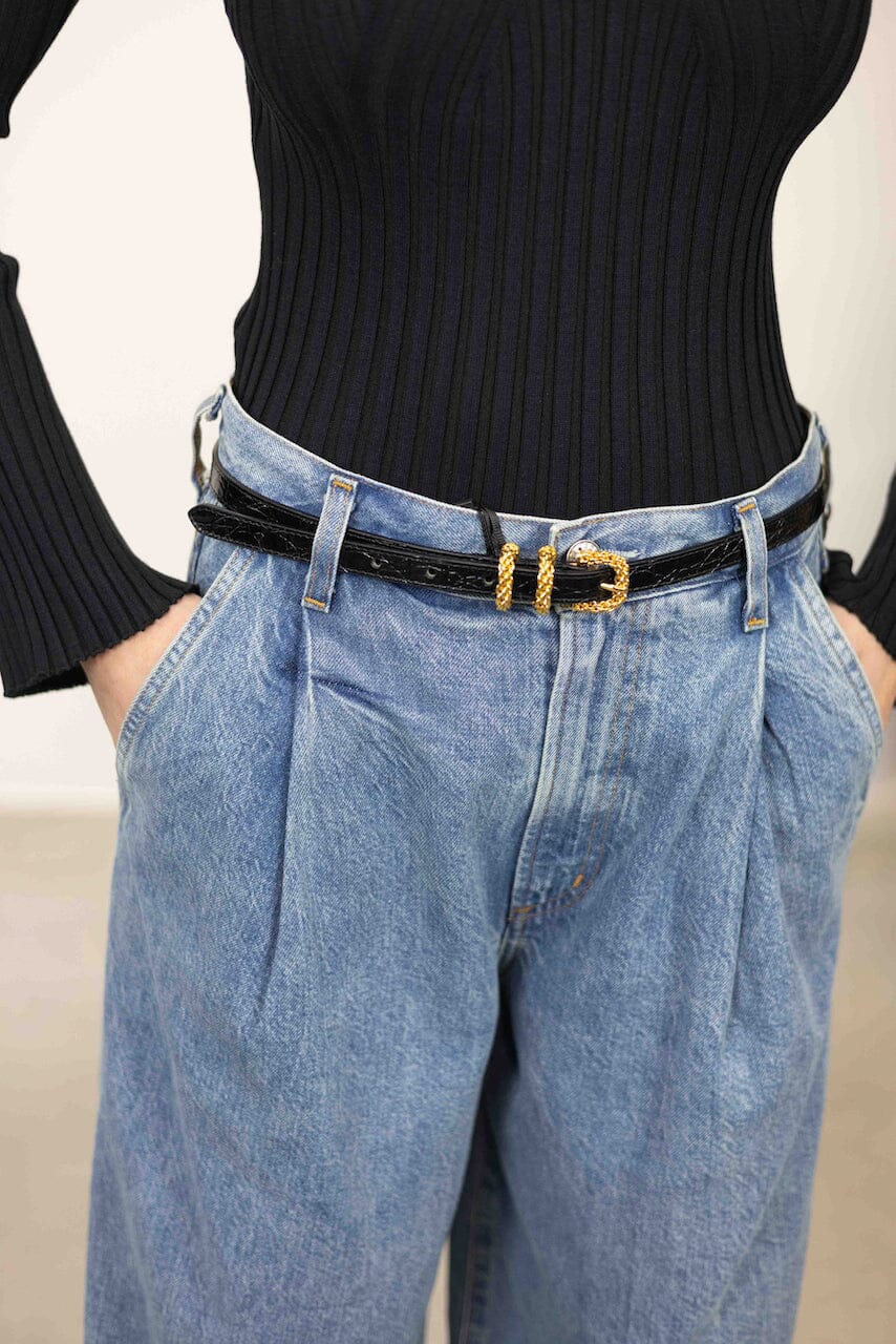 KAT BLACK CROCO EMBOSSED LEATHER BELT BELT BY FAR