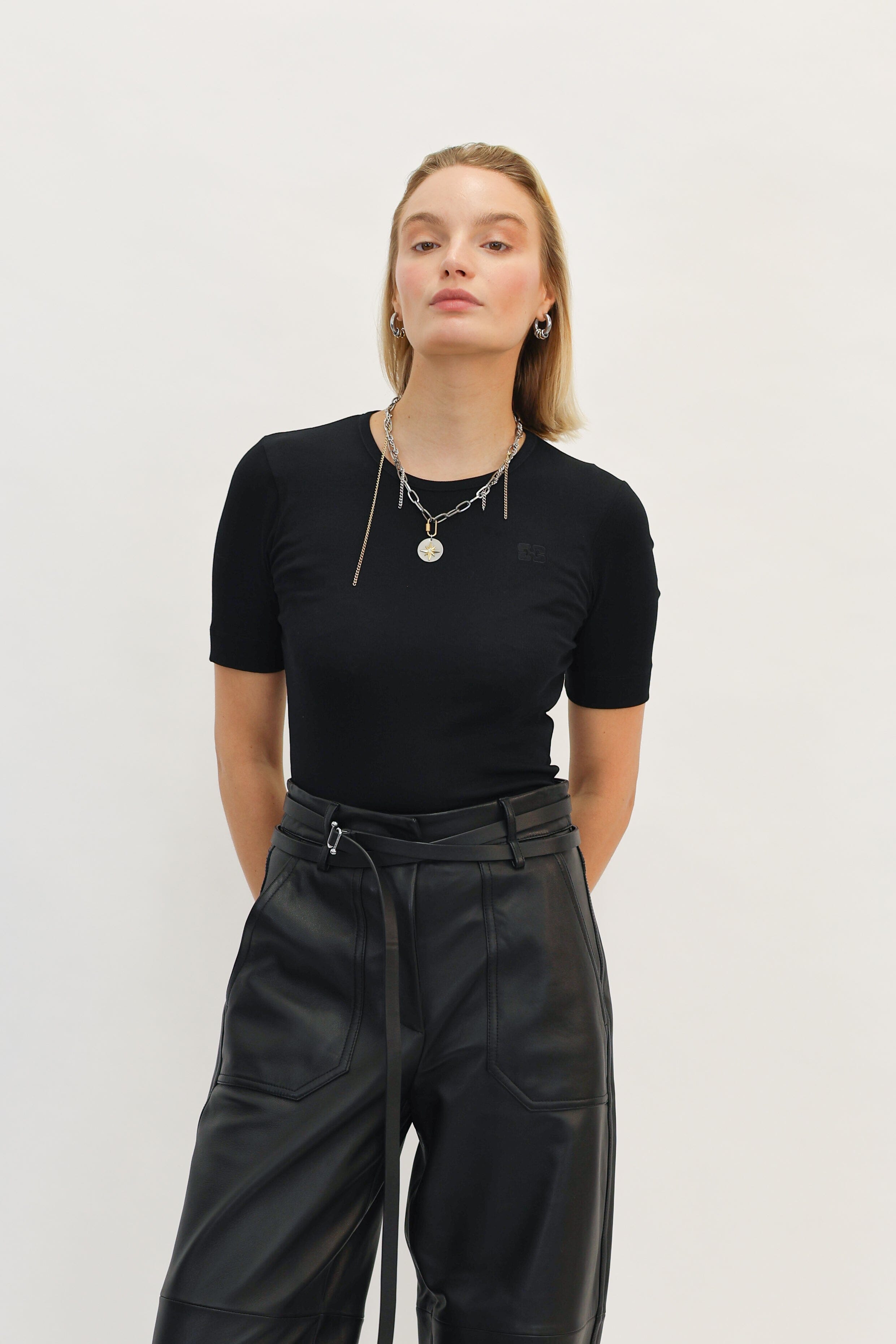 SOFT COTTON RIB SHORT SLEEVE T-SHIRT IN BLACK TOP GANNI