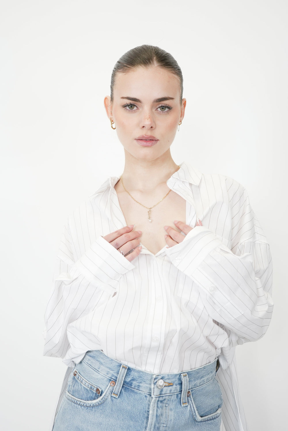 CHRISSY SHIRT IN WHITE AND TAUPE STRIPE SHIRT ANINE BING 