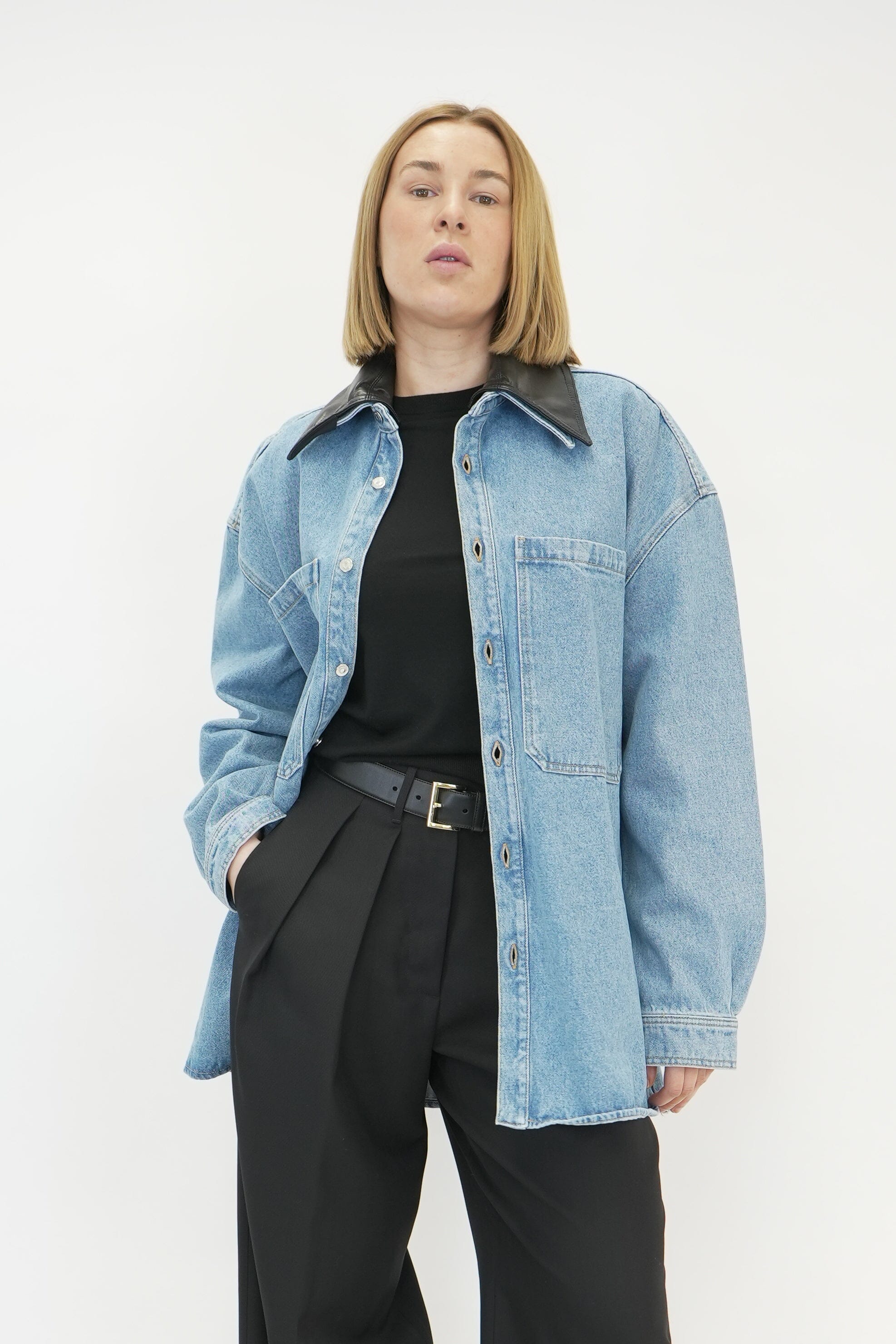 BEAUX LEATHER TRIMMED DENIM SHIRT SHIRT NANUSHKA