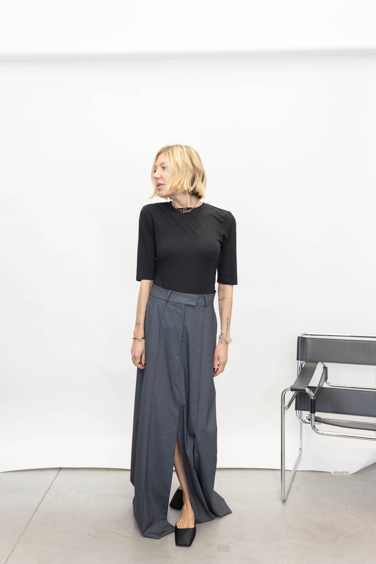 OPEN FRONT AND BACK SKIRT IN GREY SKIRT STUDIO CUT