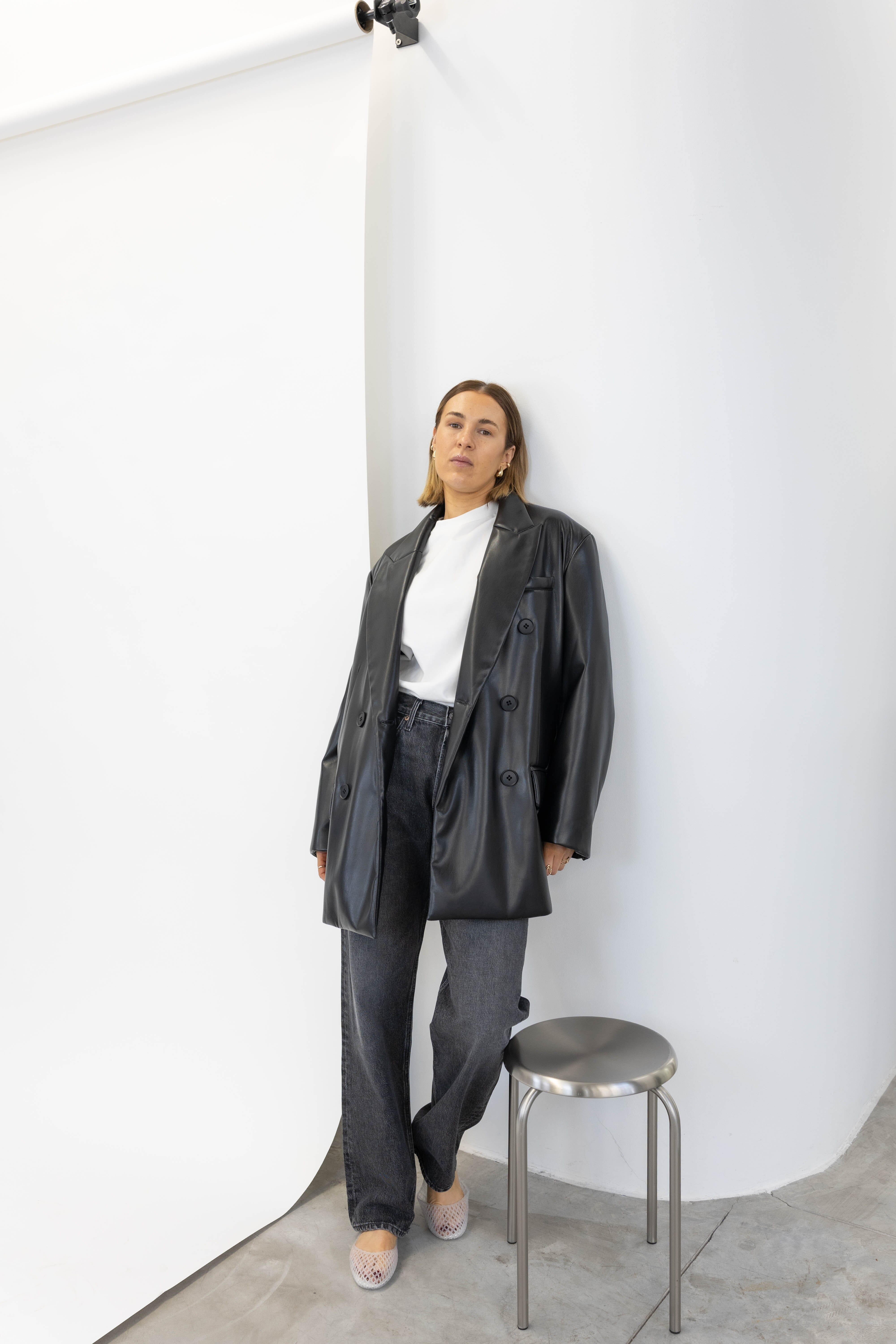 OLIVE FAUX LEATHER BLAZER BLAZER STAND STUDIO