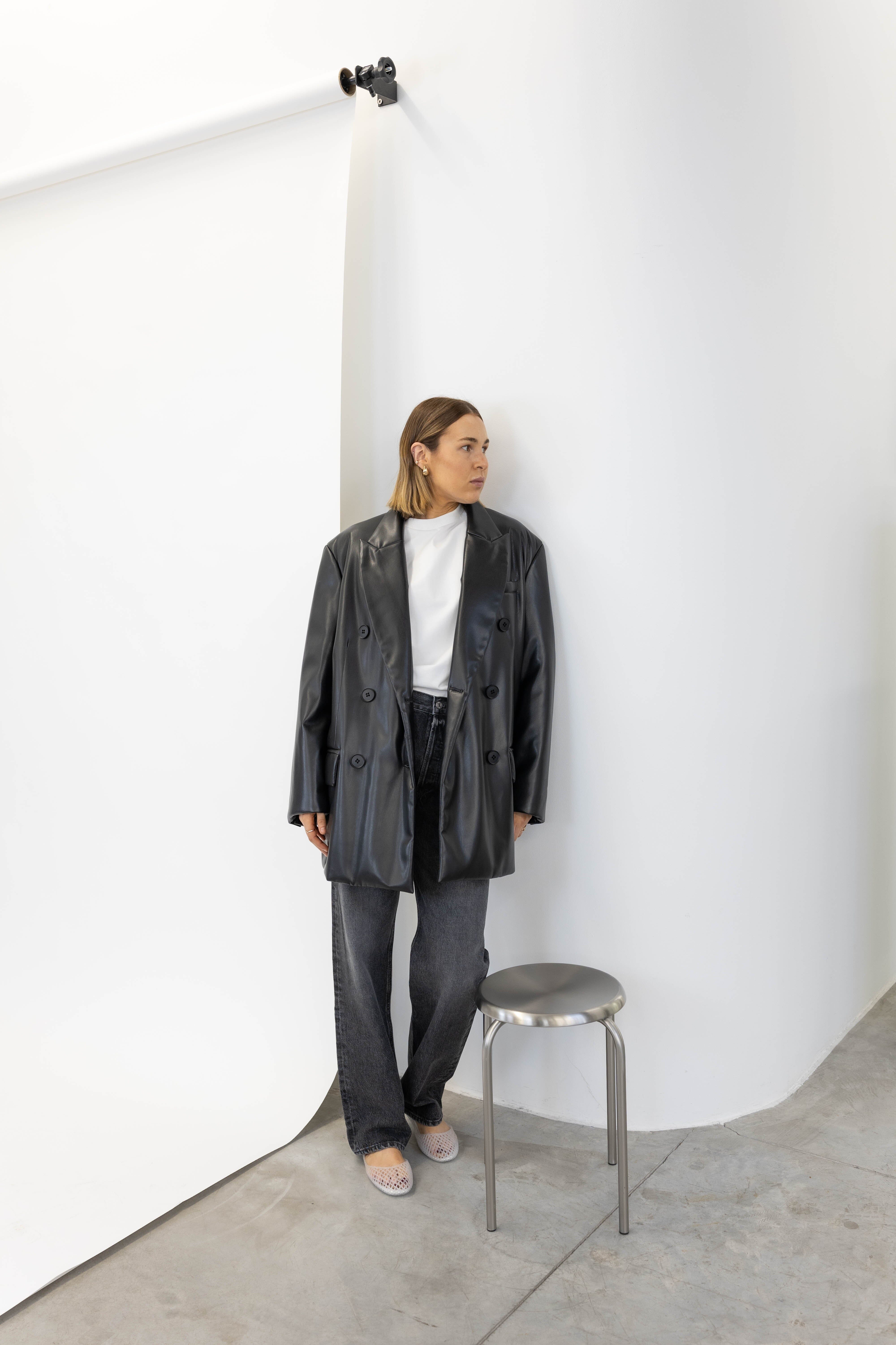 OLIVE FAUX LEATHER BLAZER BLAZER STAND STUDIO