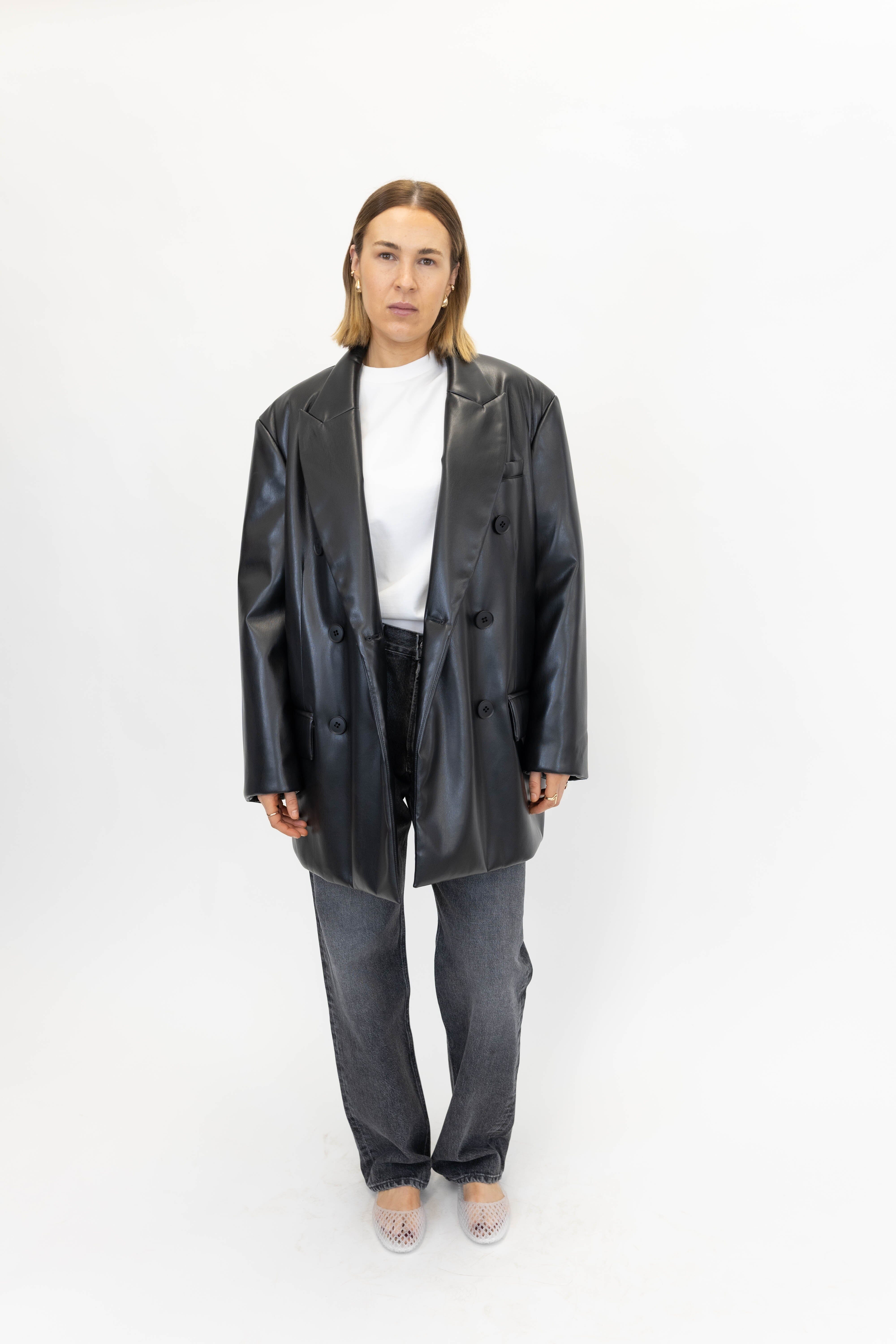 OLIVE FAUX LEATHER BLAZER BLAZER STAND STUDIO