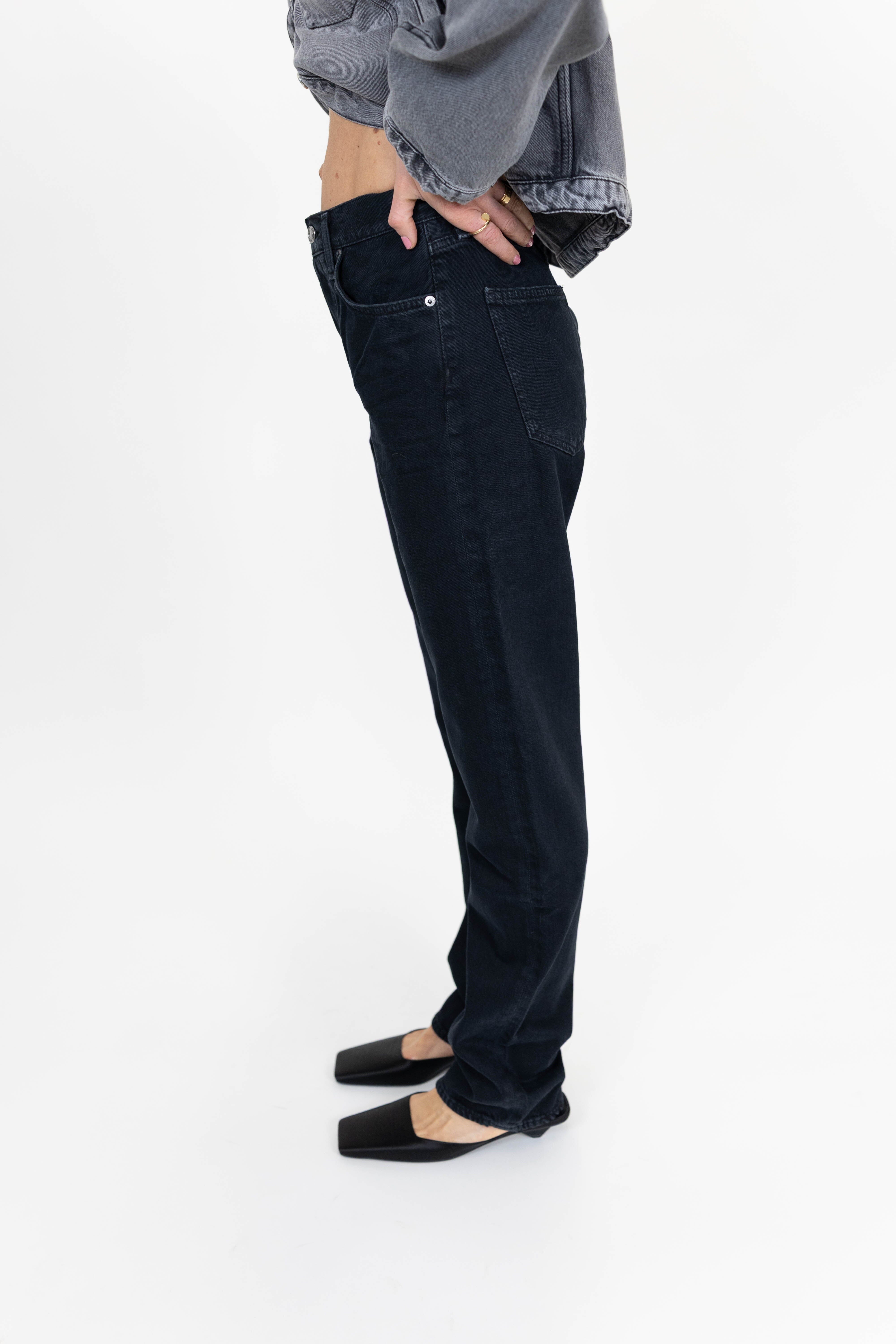 90'S PINCH WAIST HIGH RISE STRAIGHT LONG IN CRUSHED JEANS AGOLDE