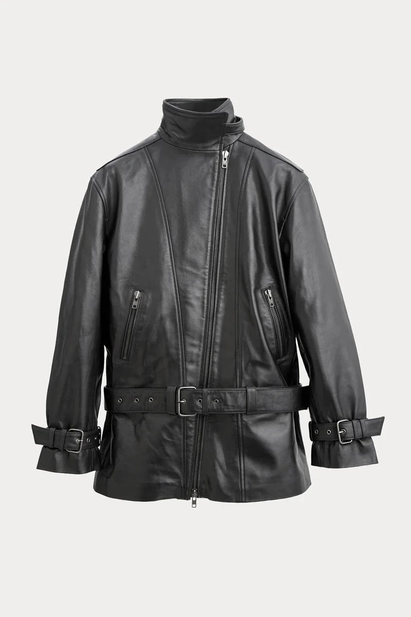 JELENA LEATHER JACKET IN BLACK JACKET OVAL SQUARE