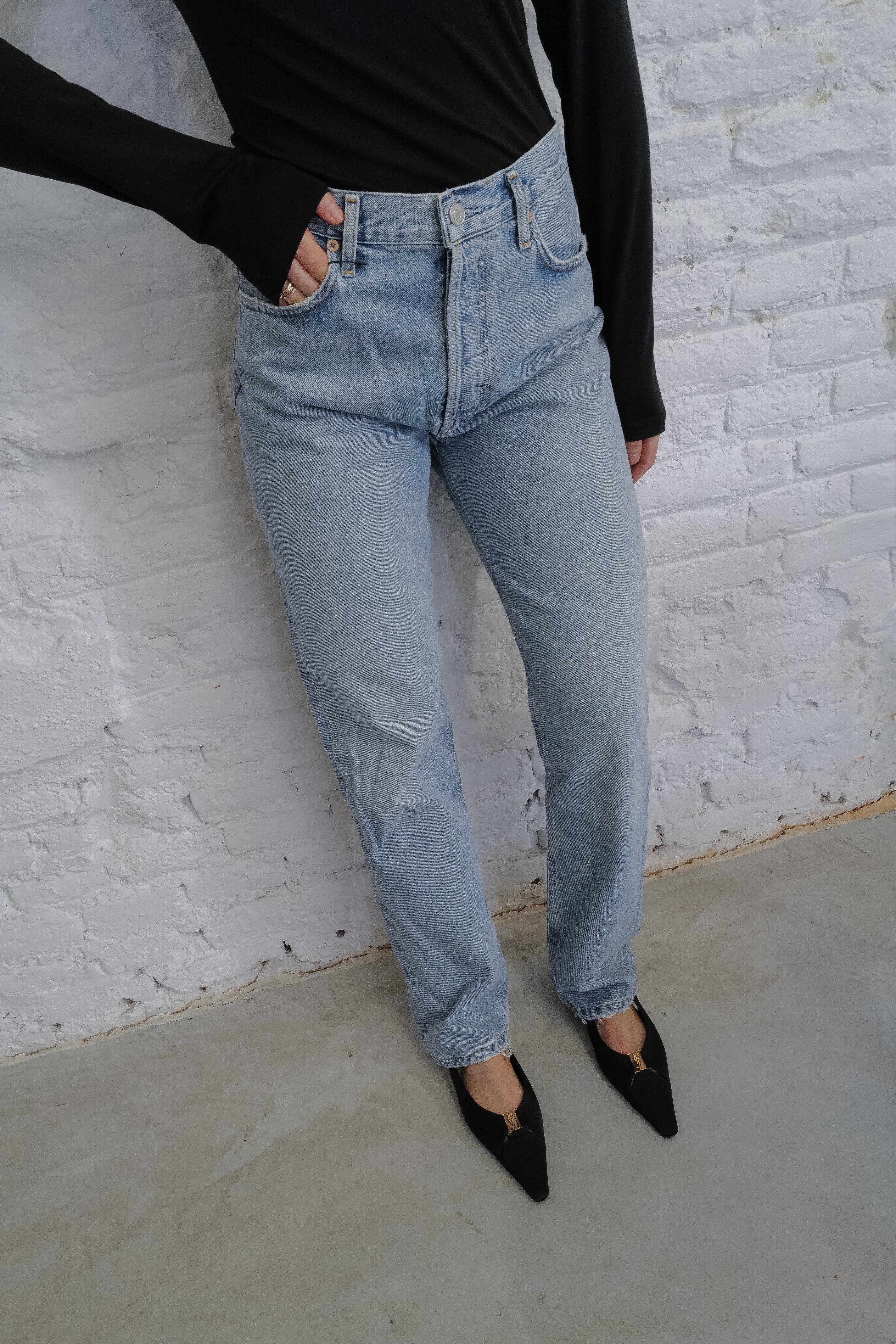 90S PINCH WAIST HIGH RISE STRAIGHT LONG IN FORCE JEANS AGOLDE