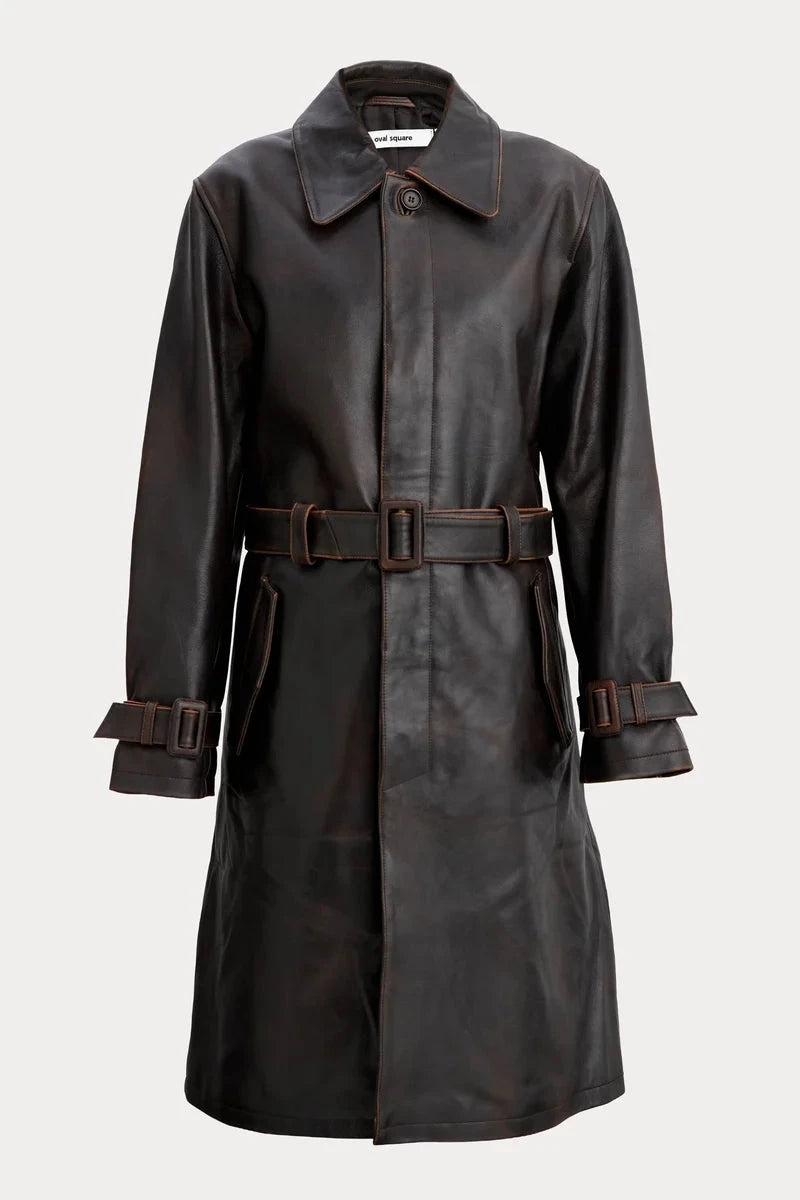 SPIKE LEATHER COAT IN DARK BROWN COAT OVAL SQUARE