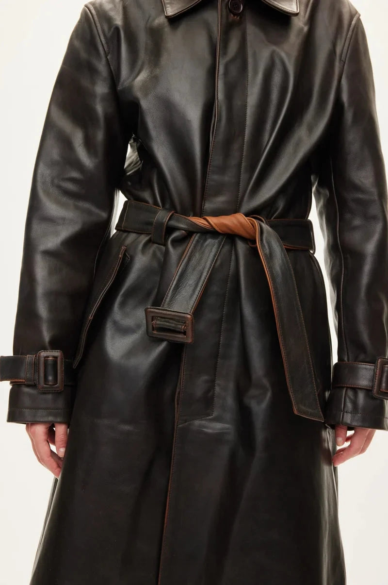 SPIKE LEATHER COAT IN DARK BROWN COAT OVAL SQUARE