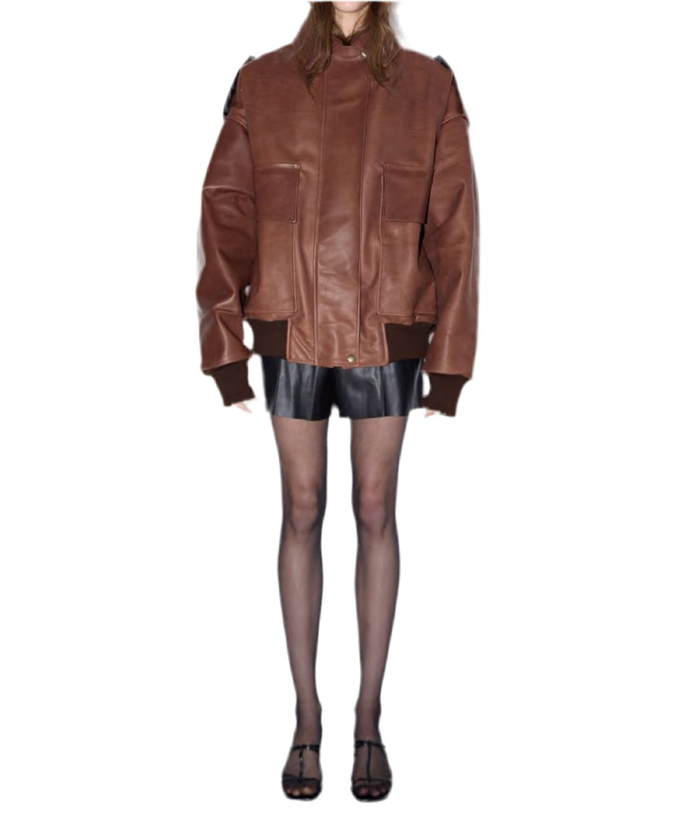 THE LOOSE BROWN LEATHER BOMBER JACKET STUDIO CUT 
