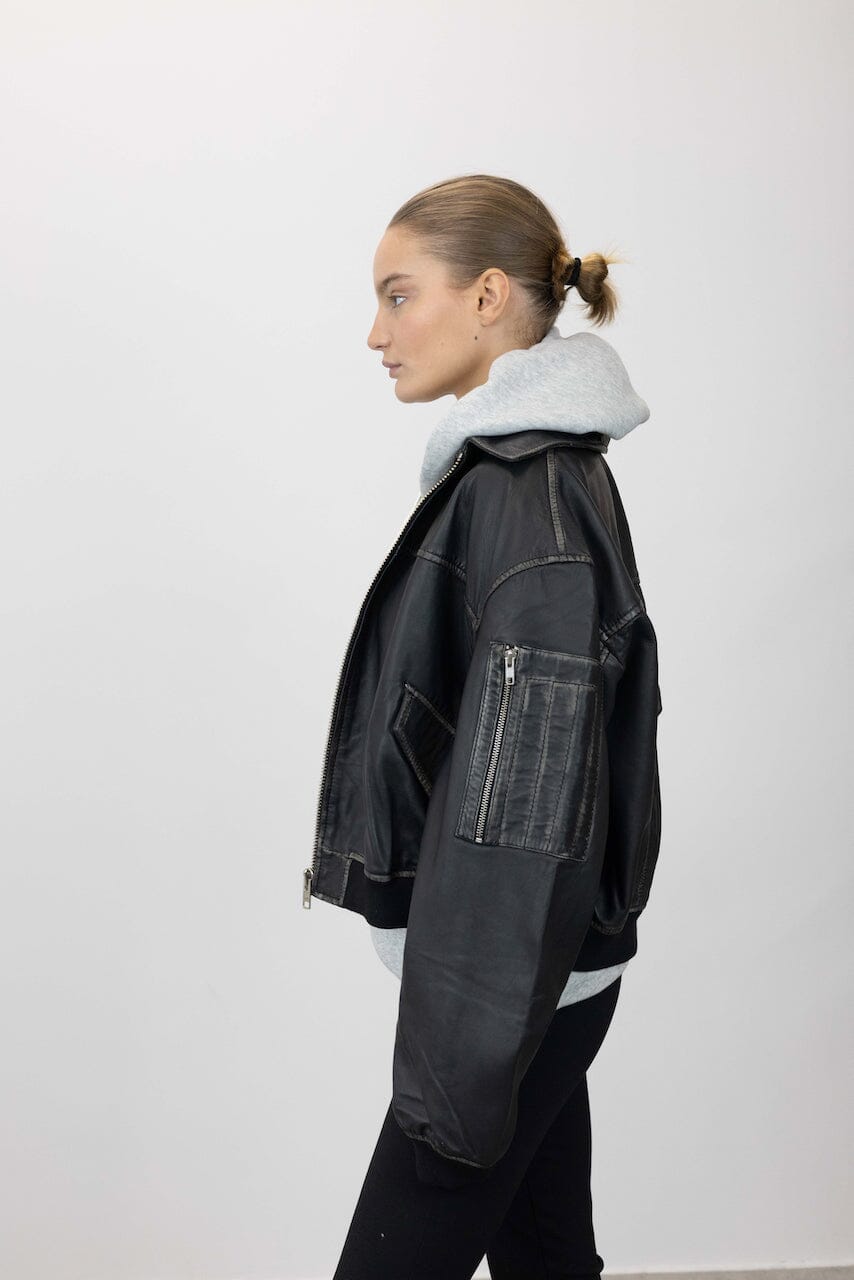 ROCKER LEATHER BOMBER IN VINTAGE BLACK JACKET OVAL SQUARE 