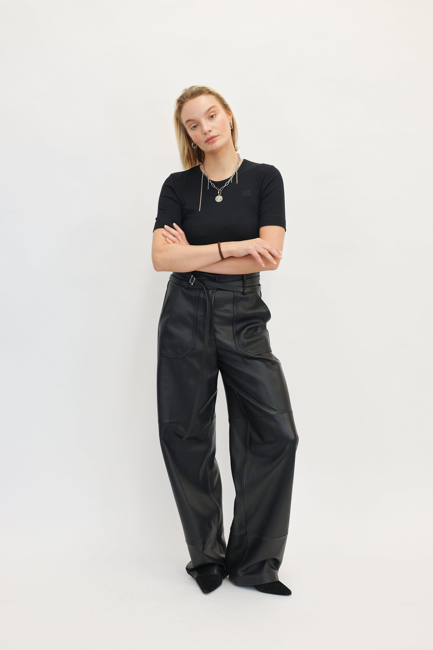 SOFT COTTON RIB SHORT SLEEVE T-SHIRT IN BLACK TOP GANNI 