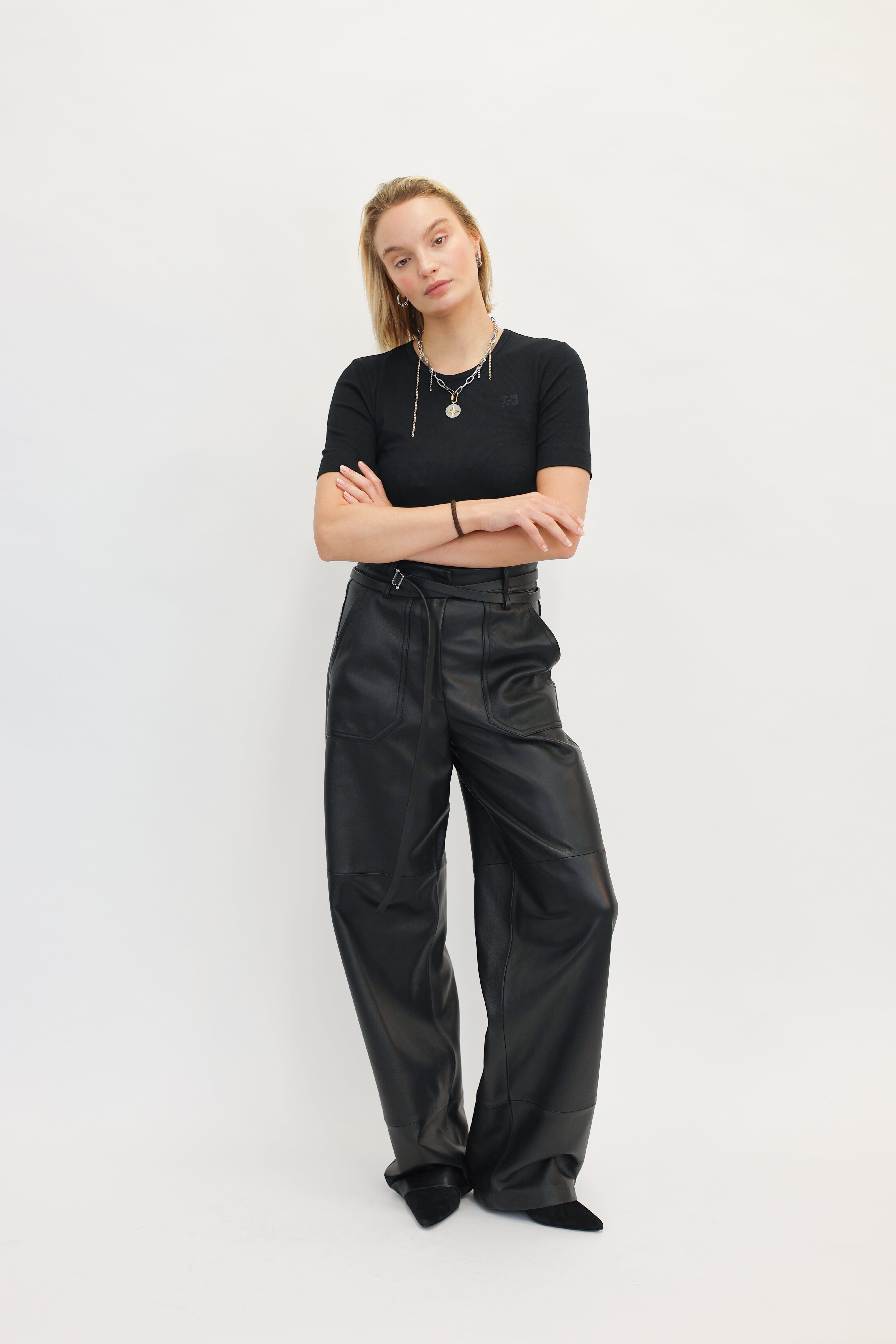 SOFT COTTON RIB SHORT SLEEVE T-SHIRT IN BLACK TOP GANNI 