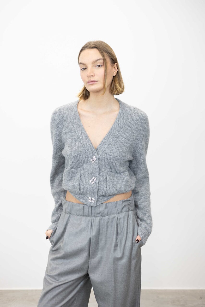 SOFT WOOL V-NECK CARDIGAN WITH BUTTERFLY BUTTON IN GREY CARDIGAN GANNI 