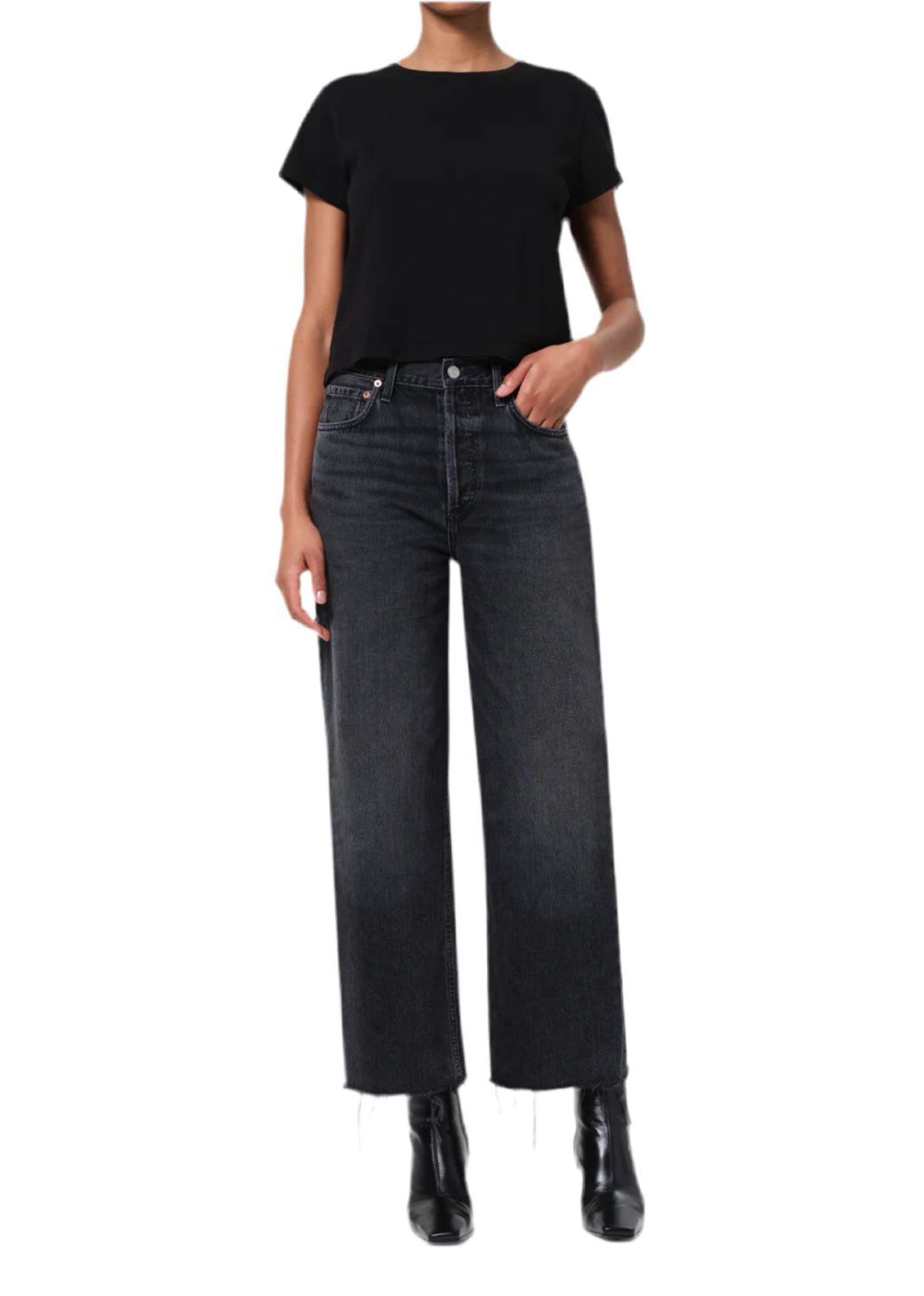 REN STRAIGHT AND CROP JEAN IN DARK GREY JEANS AGOLDE 