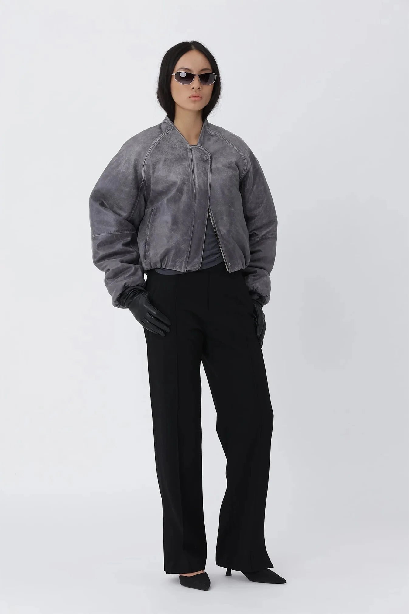 OLA LEATHER BOMBER IN GREY JACKET WON HUNDRED 