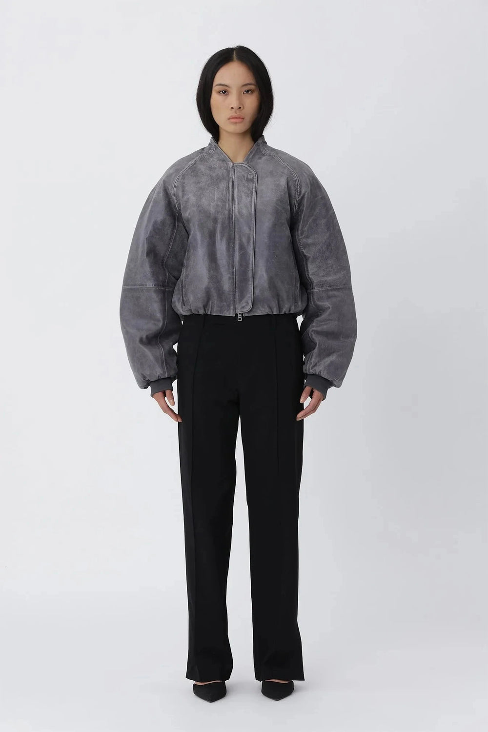 OLA LEATHER BOMBER IN GREY JACKET WON HUNDRED 