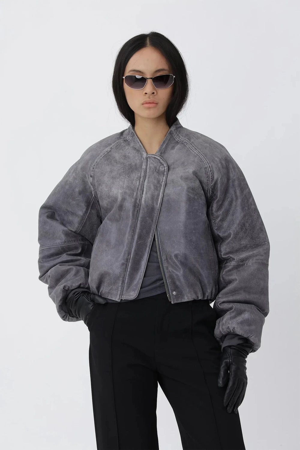 OLA LEATHER BOMBER IN GREY JACKET WON HUNDRED 