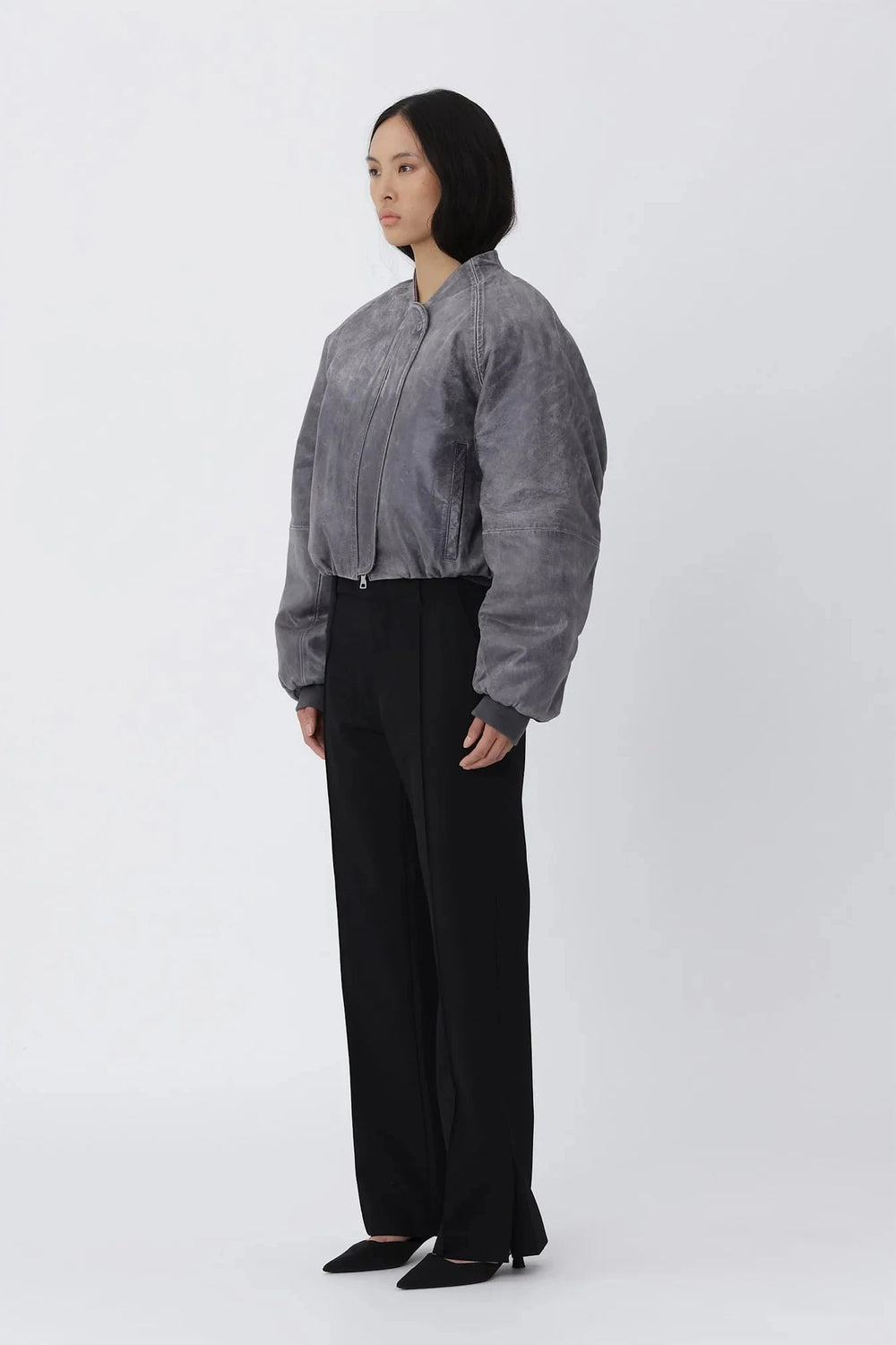 OLA LEATHER BOMBER IN GREY JACKET WON HUNDRED 