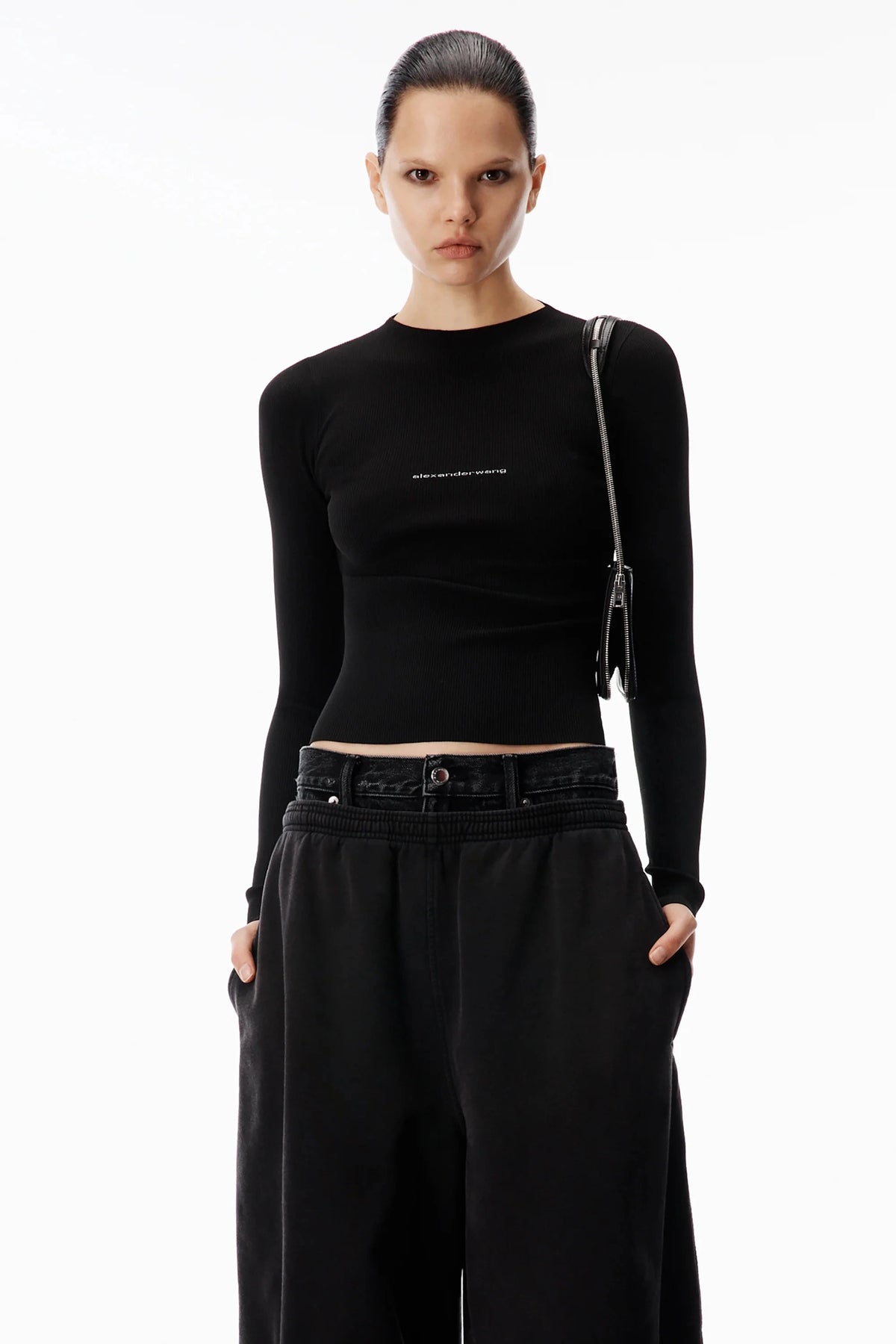 LS CREWNECK TOP W/ JACQUARD LOGO IN BLACK TOP ALEXANDER WANG 