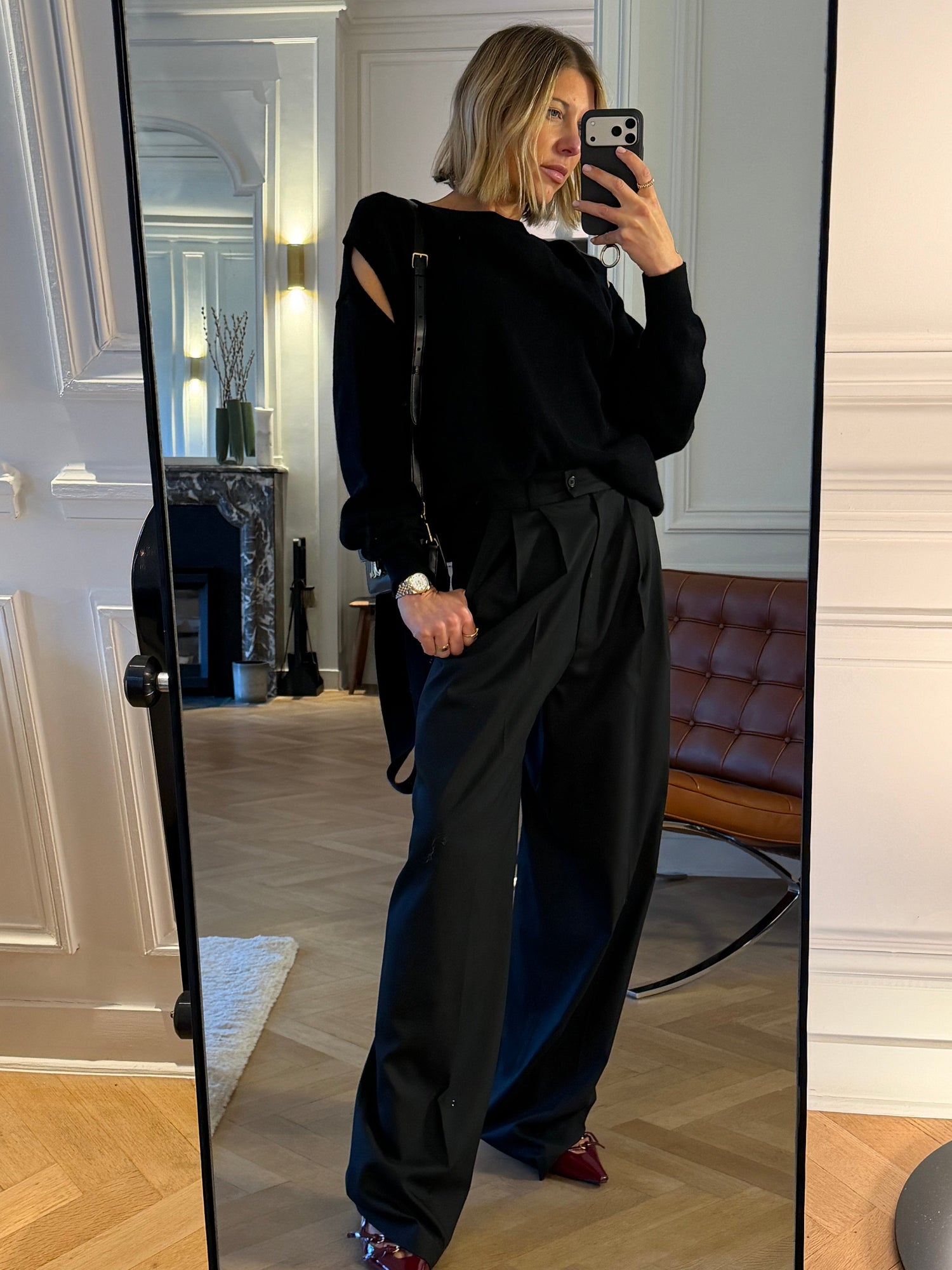 PLEATED WIDE LEG PANTS-BLACK PANT STUDIO CUT 
