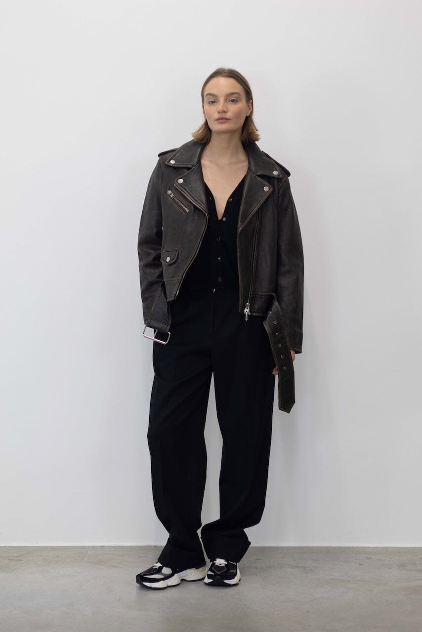 ICON BIKER JACKET IN WORN BLACK JACKET STAND STUDIO 