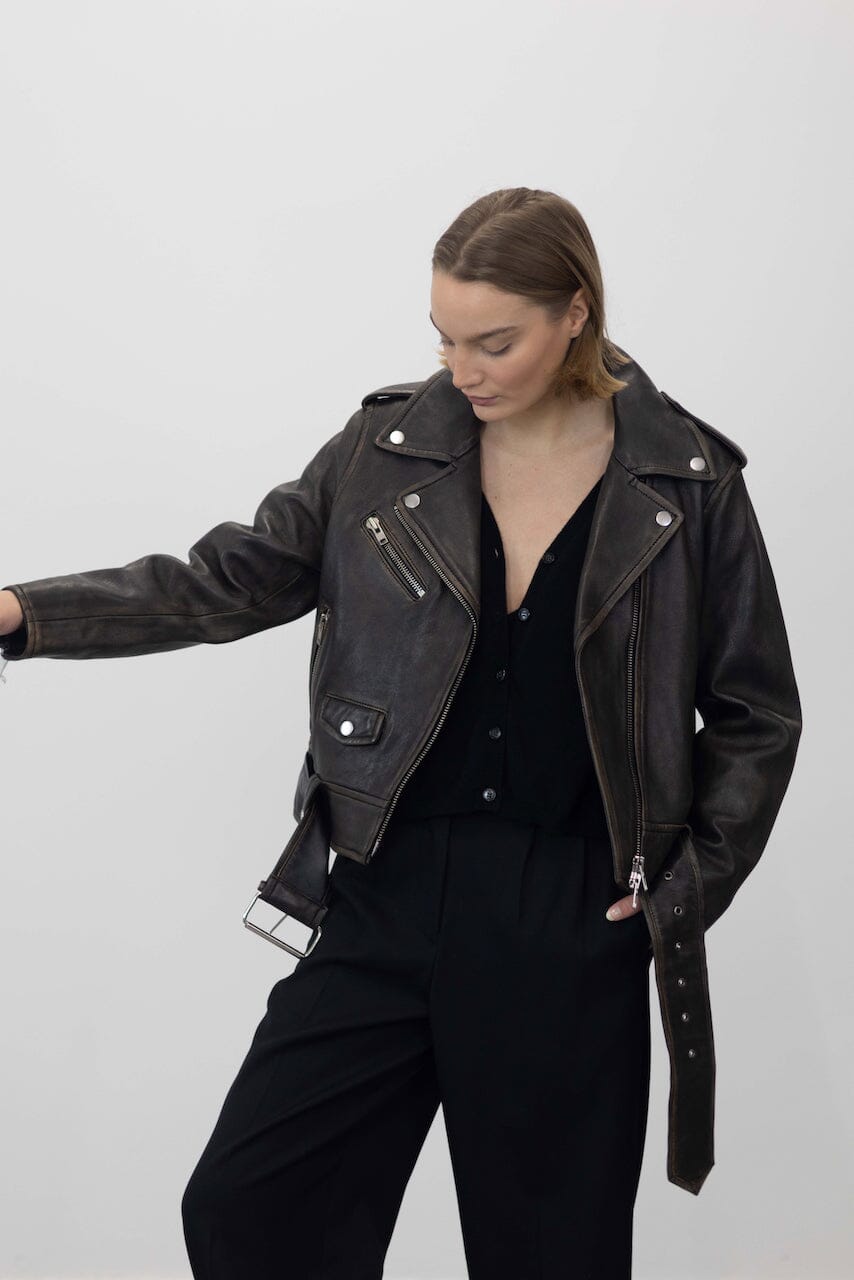 ICON BIKER JACKET IN WORN BLACK JACKET STAND STUDIO 