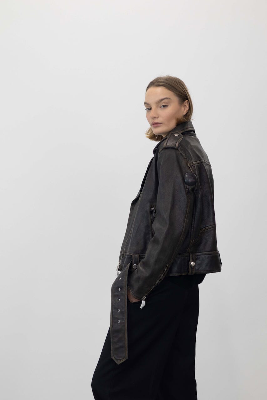 ICON BIKER JACKET IN WORN BLACK JACKET STAND STUDIO 