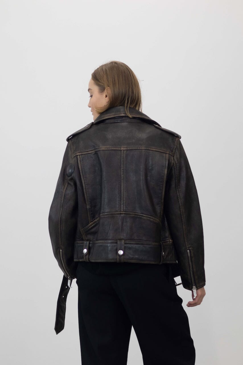 ICON BIKER JACKET IN WORN BLACK JACKET STAND STUDIO 