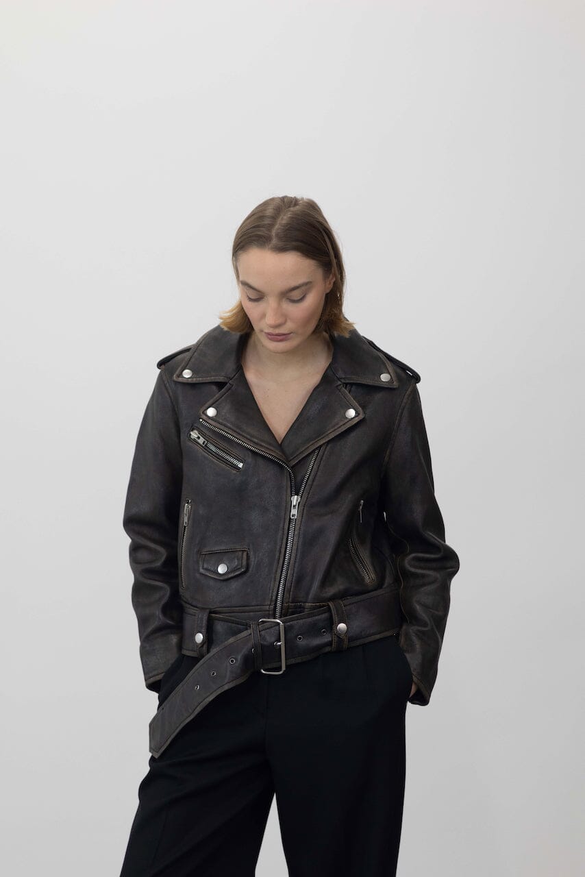 ICON BIKER JACKET IN WORN BLACK JACKET STAND STUDIO 