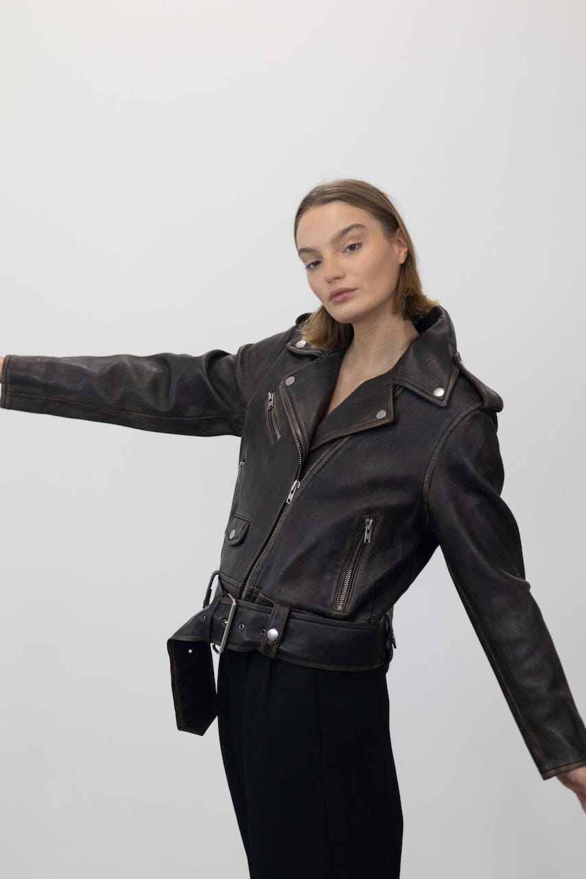 ICON BIKER JACKET IN WORN BLACK JACKET STAND STUDIO 