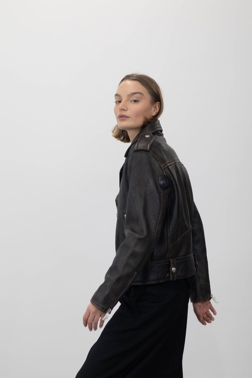 ICON BIKER JACKET IN WORN BLACK JACKET STAND STUDIO 