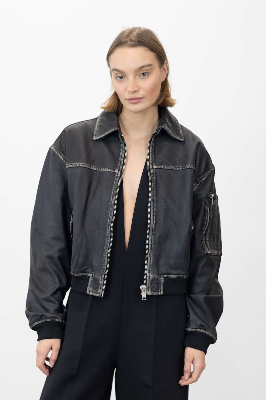 ROCKER LEATHER BOMBER IN VINTAGE BLACK JACKET OVAL SQUARE 