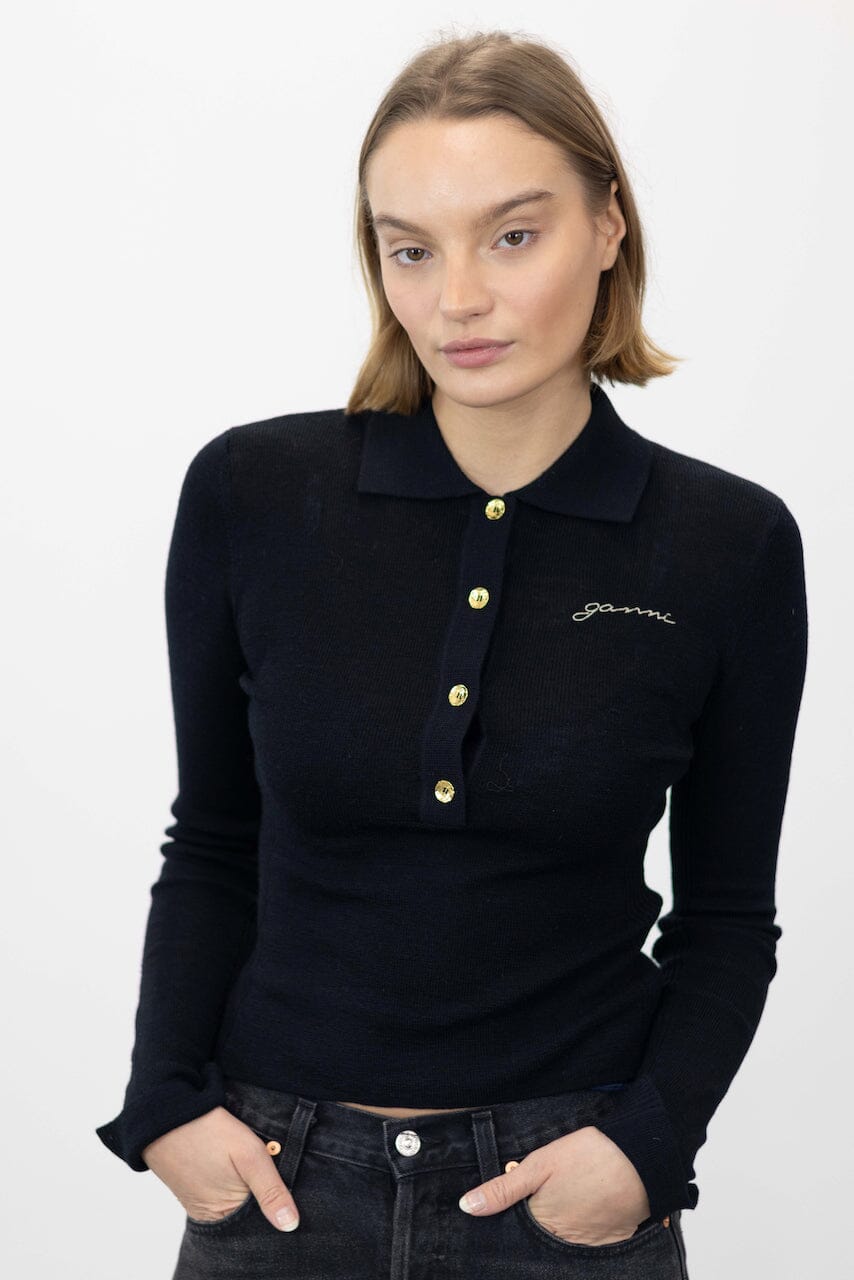 RIBBED MERINO WOOL POLO SWEATER GANNI 