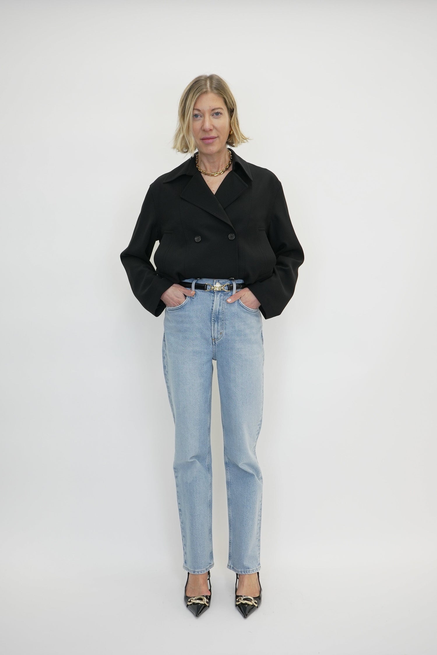 HIGH RISE STOVE PIPE JEANS IN DESTINATION JEANS AGOLDE 