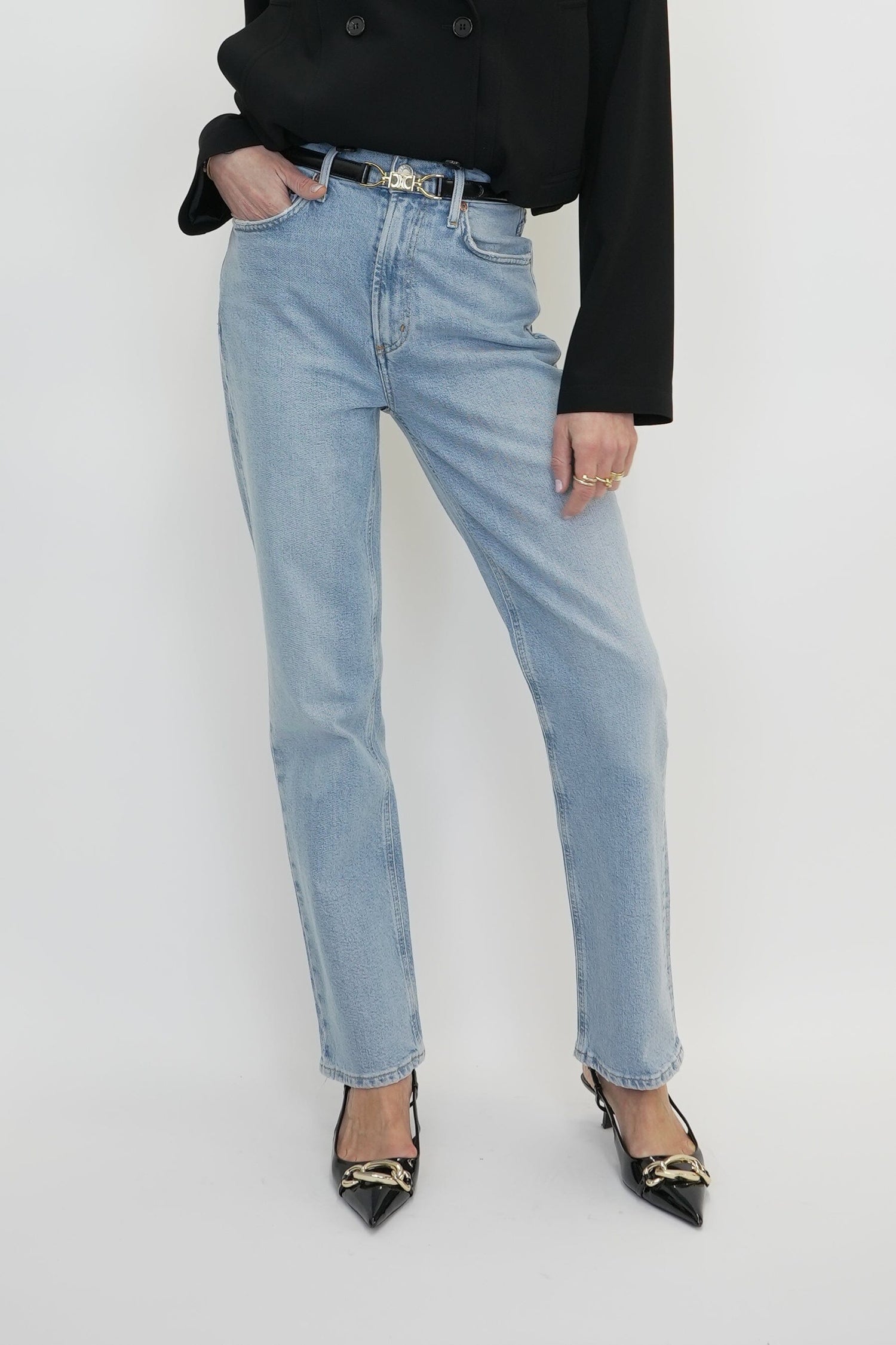 HIGH RISE STOVE PIPE JEANS IN DESTINATION JEANS AGOLDE 