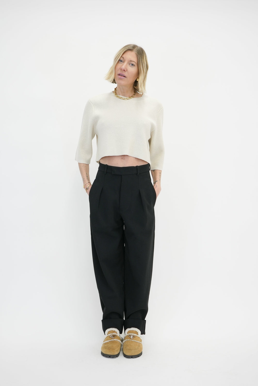 KAMILLE CROPPED HEAVY KNIT TEE IN IVORY KNIT KURE 