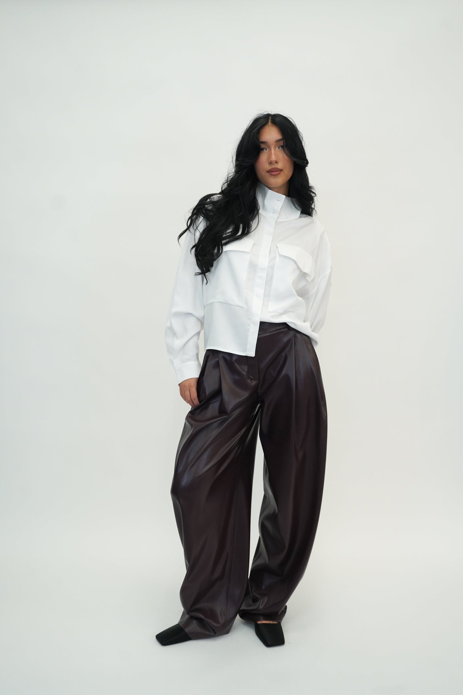 TRACY LOW RISE VEGAN LEATHER IN CABERNET PANTS THE ANDAMANE 