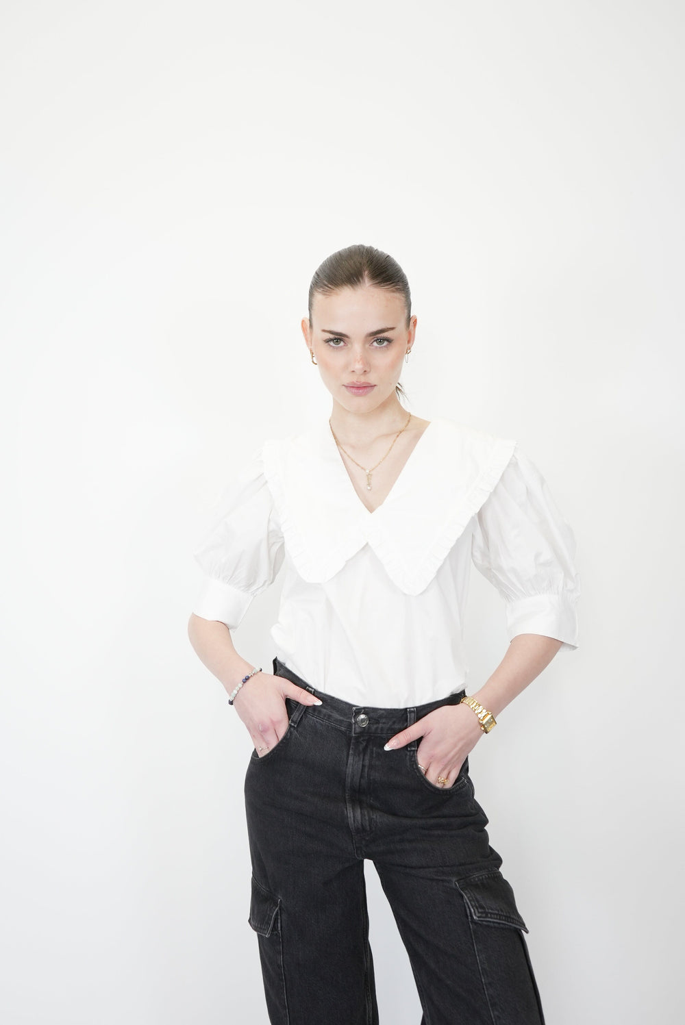 COTTON POPLIN V-NECK RUFFLE BLOUSE SHIRT GANNI 