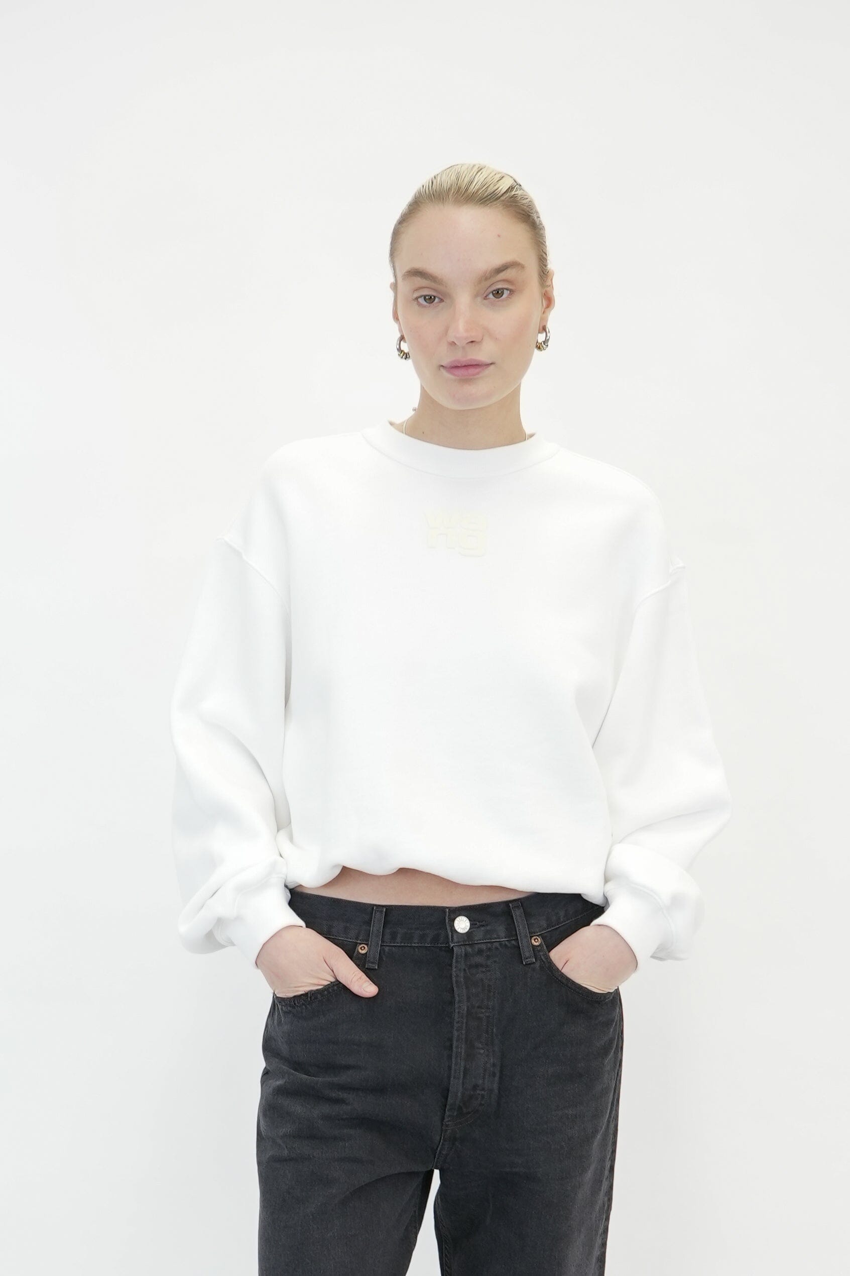 ESSENTIAL TERRY CREW SWEATSHIRT W/ PUFF PAINT LOGO IN WHITE SWEATSHIRT ALEXANDER WANG 