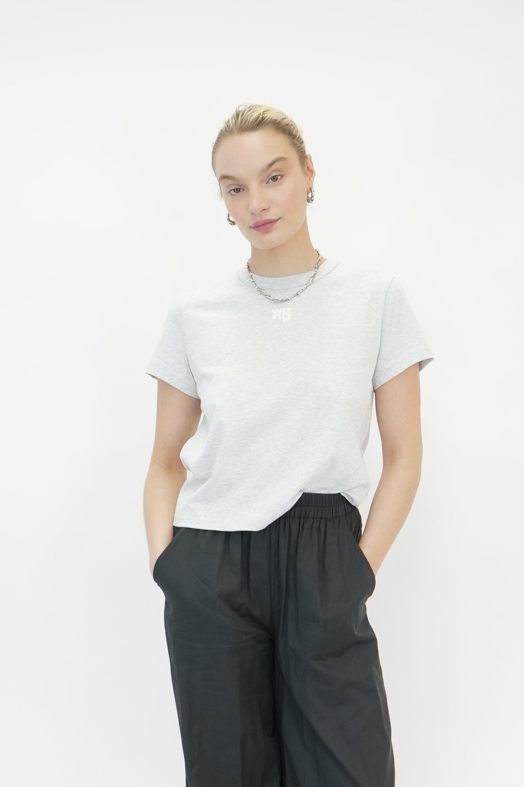 ESSENTIAL JSY SHRUNK TEE W/ PUFF LOGO IN LIGHT HEATHER GREY TOP ALEXANDER WANG 