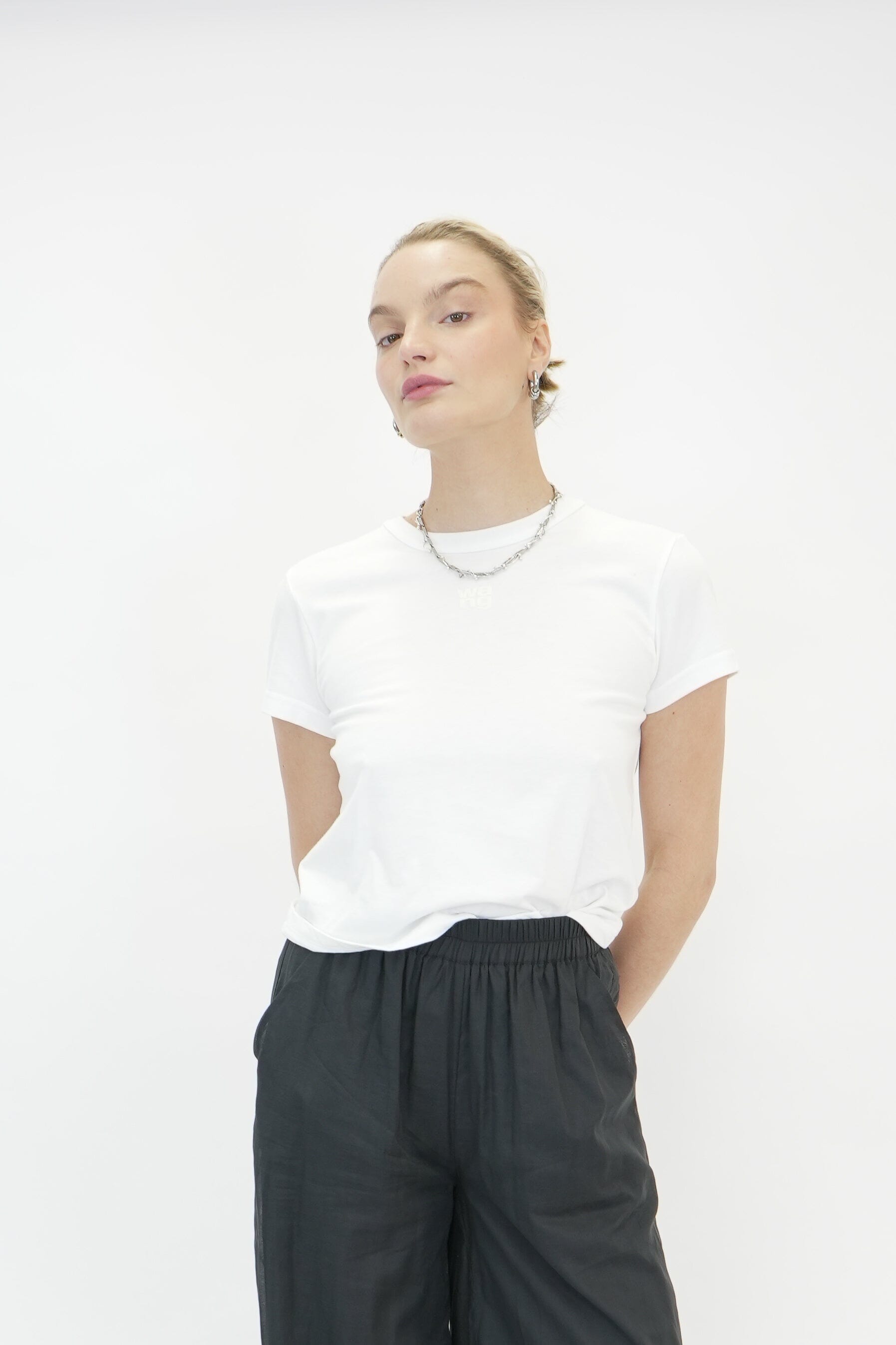ESSENTIAL JSY SHRUNK TEE W/ PUFF LOGO & BOUND NECK IN WHITE TSHIRT ALEXANDER WANG 