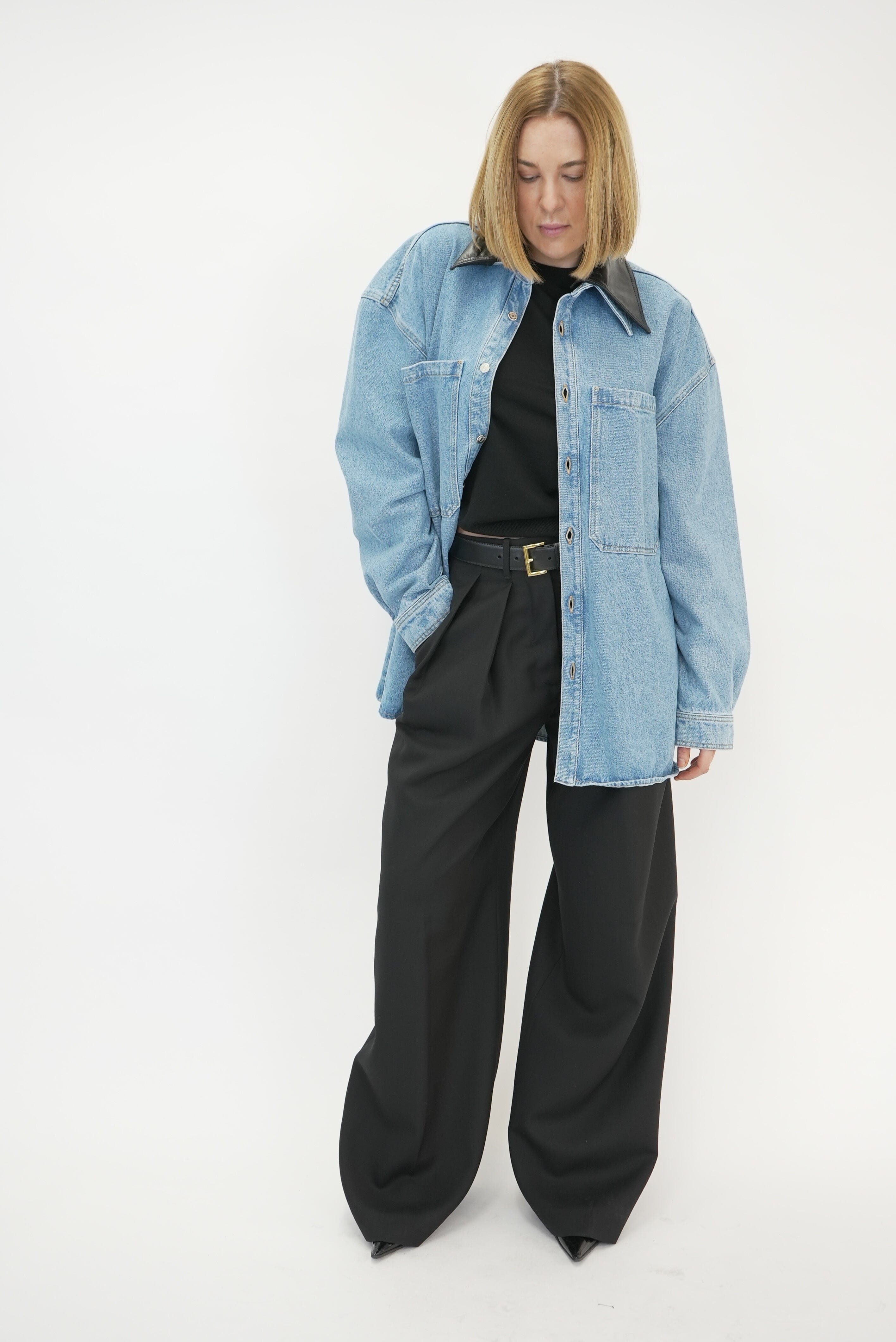 BEAUX LEATHER TRIMMED DENIM SHIRT SHIRT NANUSHKA 