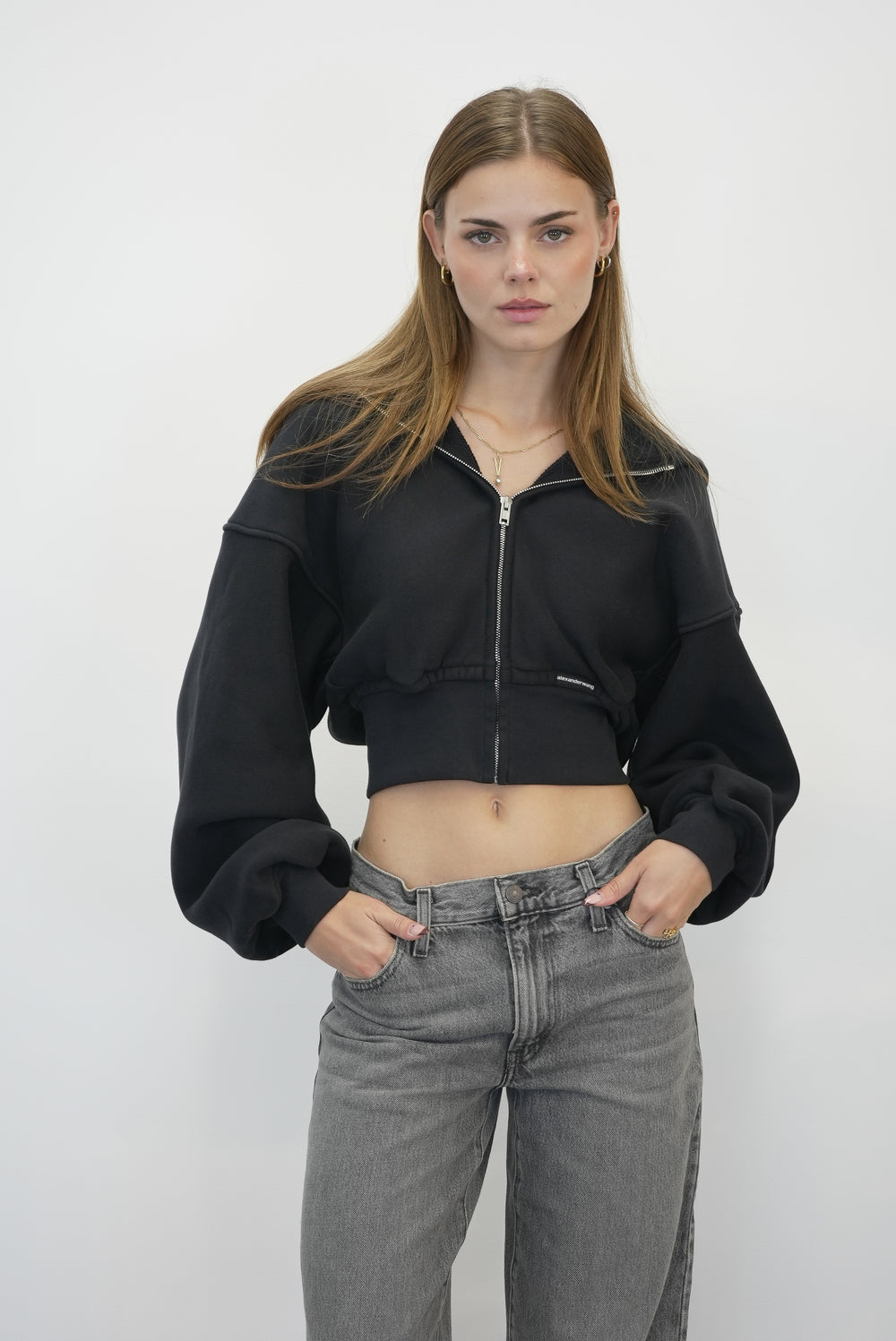 CROPPED ZIP UP HOODIE WITH BRANDED SEAM LABEL SWEATSHIRT ALEXANDER WANG 