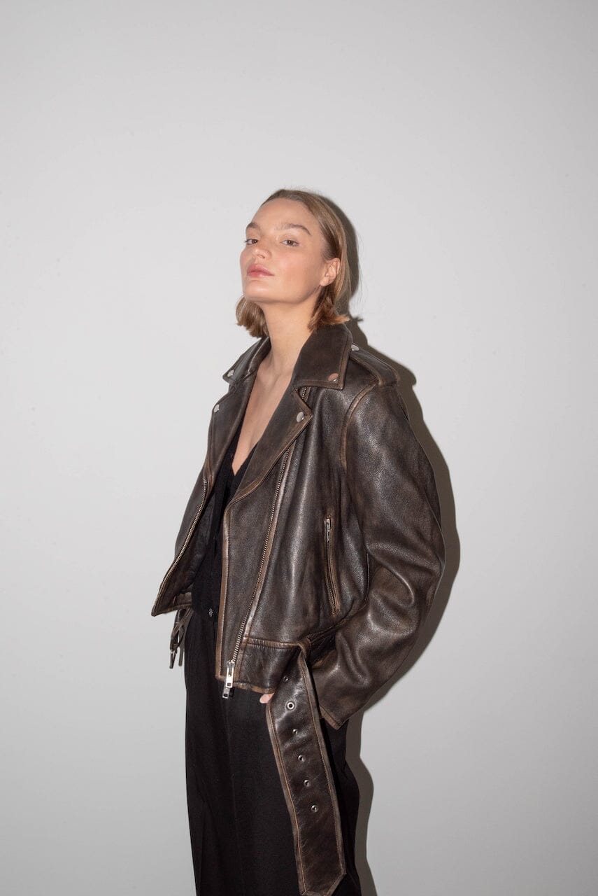 ICON BIKER JACKET IN WORN BLACK JACKET STAND STUDIO 