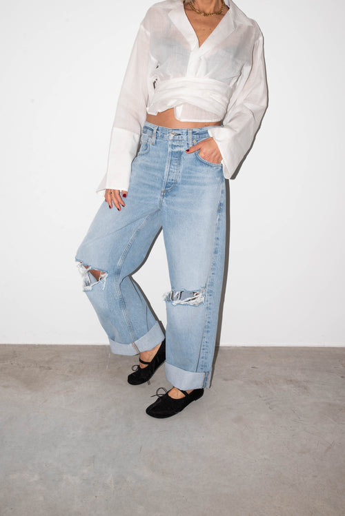 AYLA BAGGY CUFFED CROP RIPPED JEANS IN PAGODA