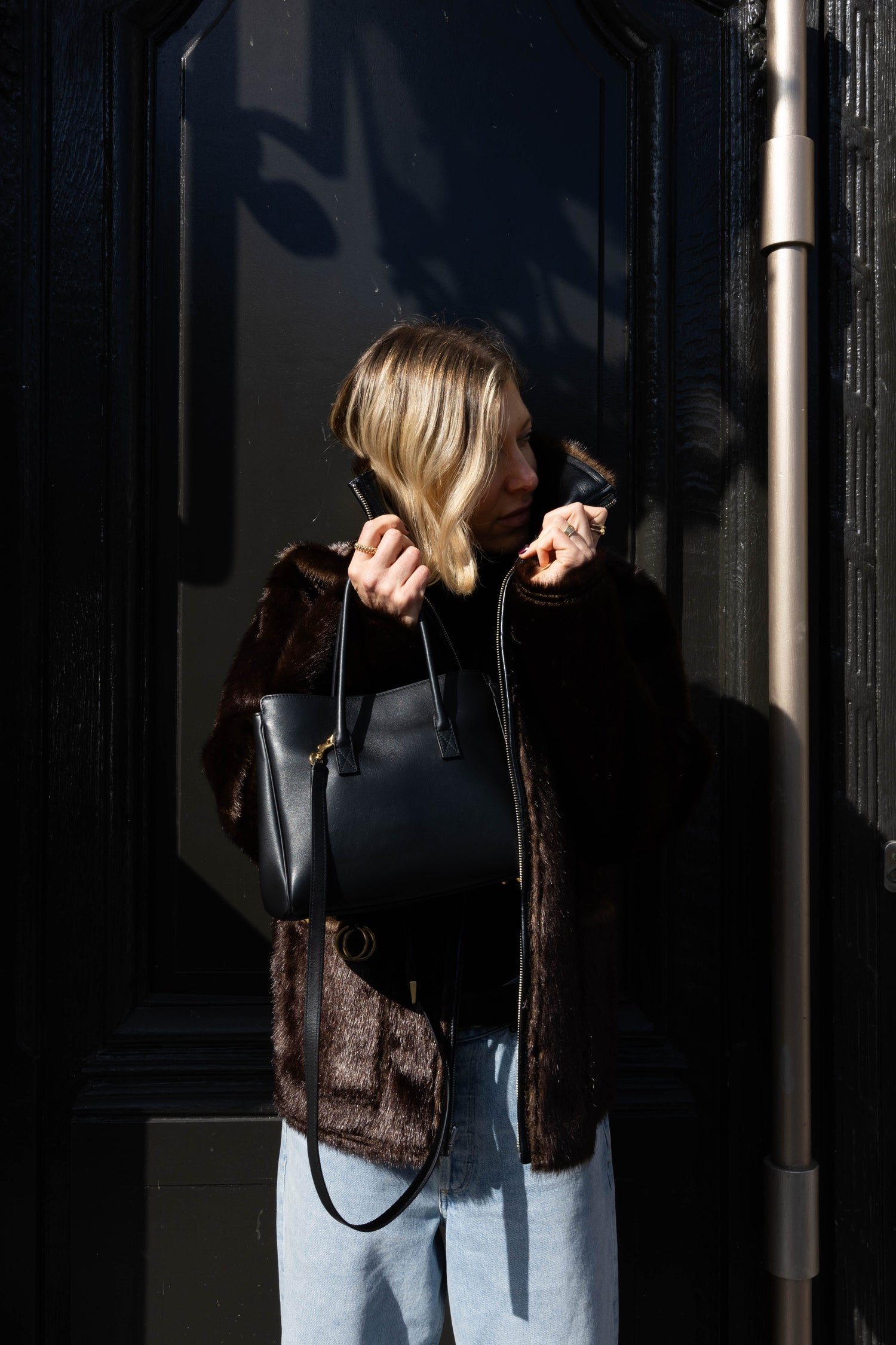 BRELLA JACKET IN BLACK/BROWN JACKET STAND STUDIO 