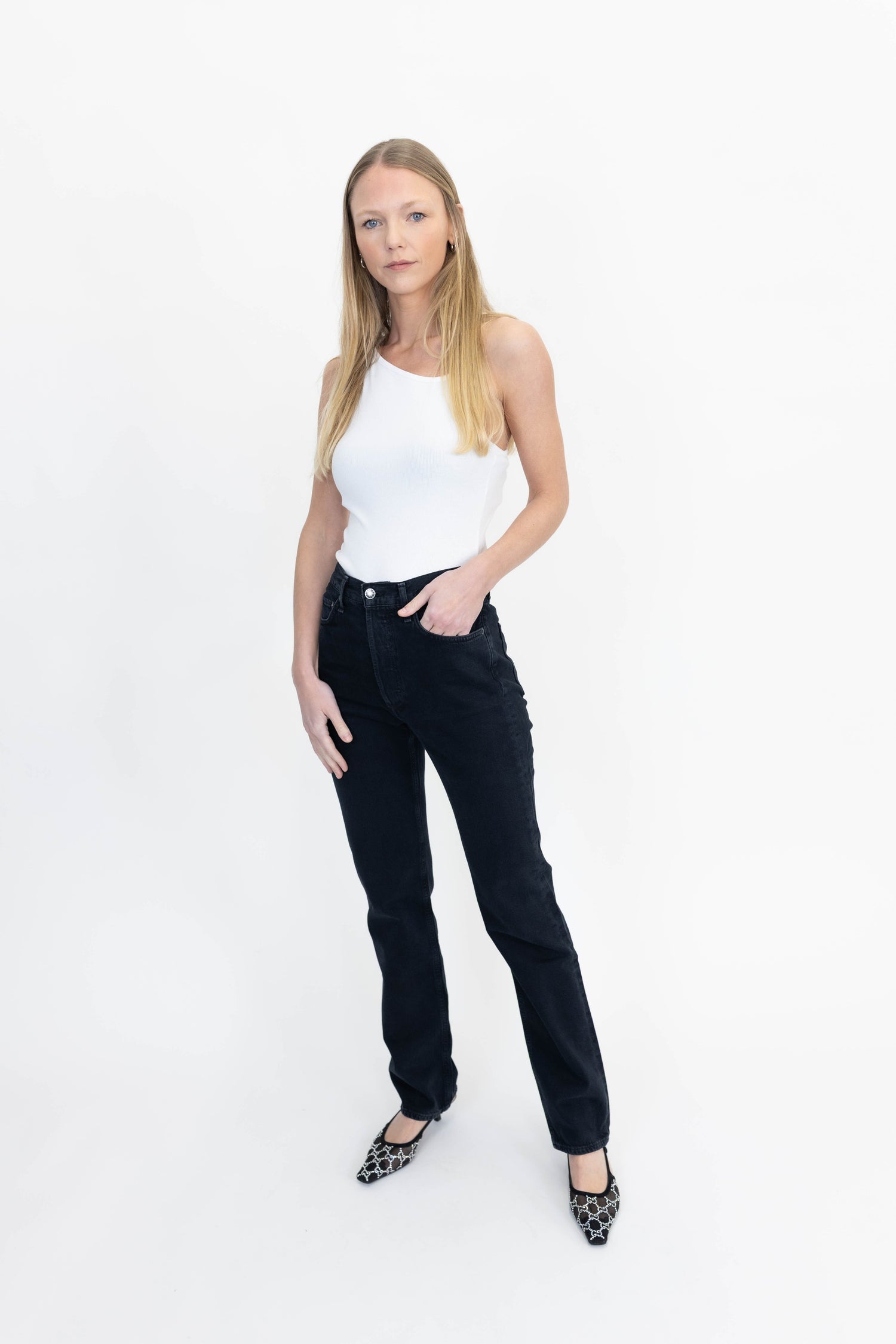 90'S PINCH WAIST HIGH RISE STRAIGHT LONG IN CRUSHED JEANS AGOLDE 