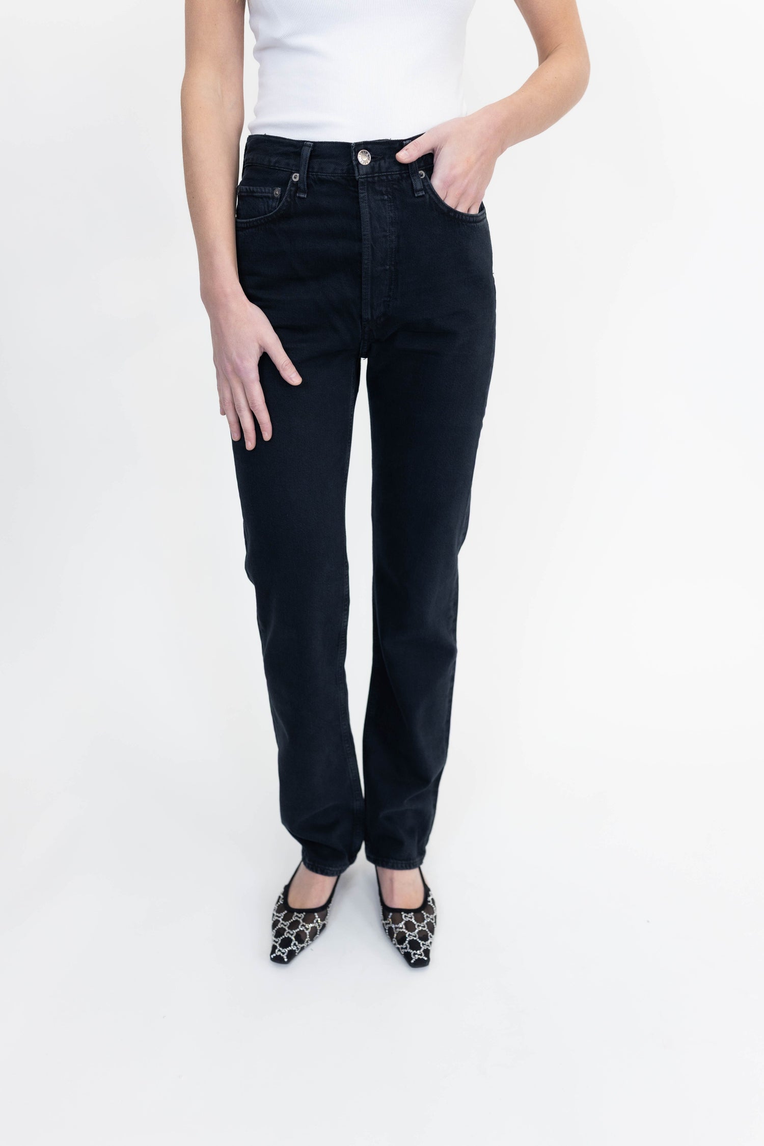 90'S PINCH WAIST HIGH RISE STRAIGHT LONG IN CRUSHED JEANS AGOLDE 