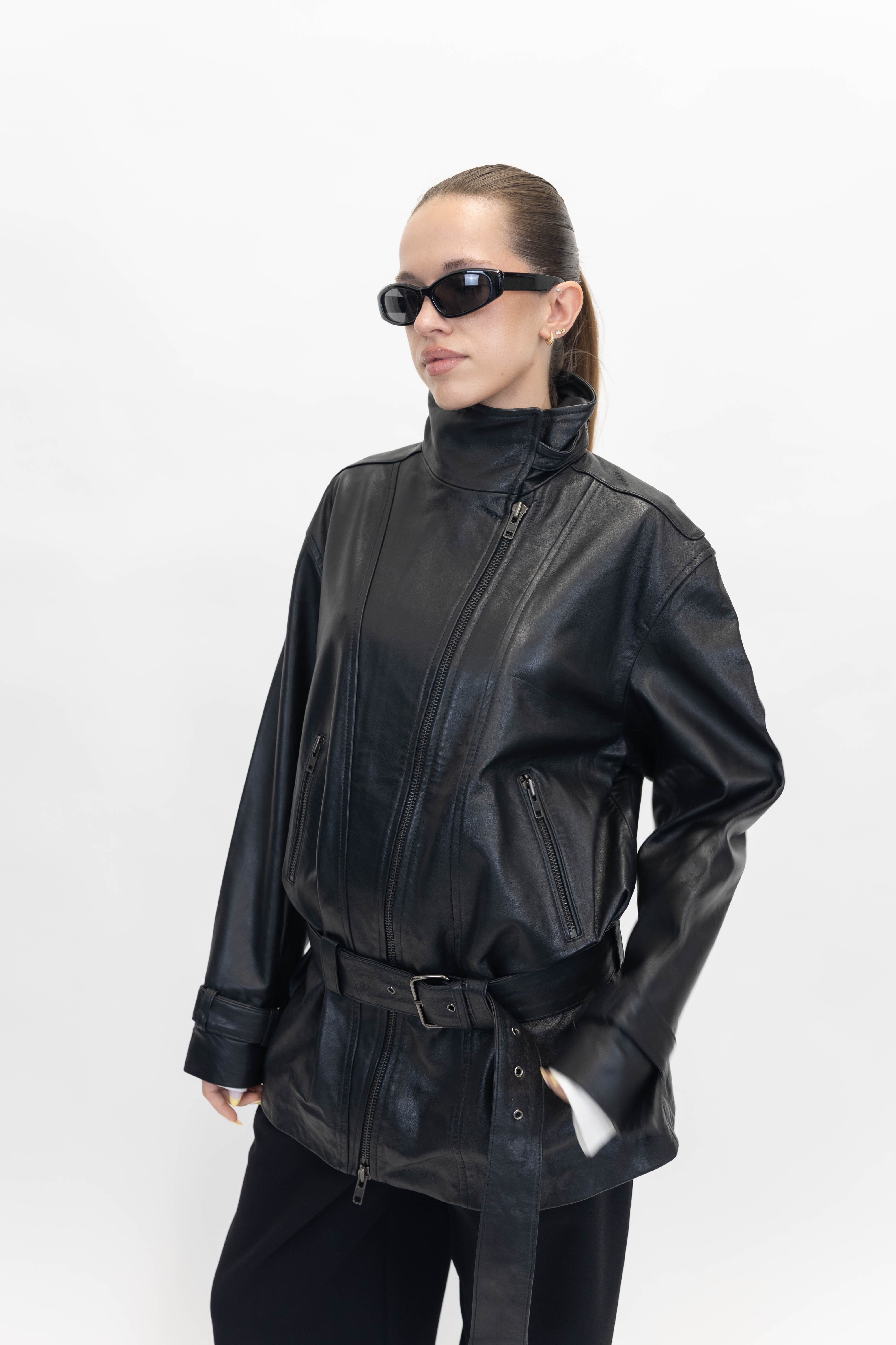 JELENA LEATHER JACKET IN BLACK JACKET OVAL SQUARE 